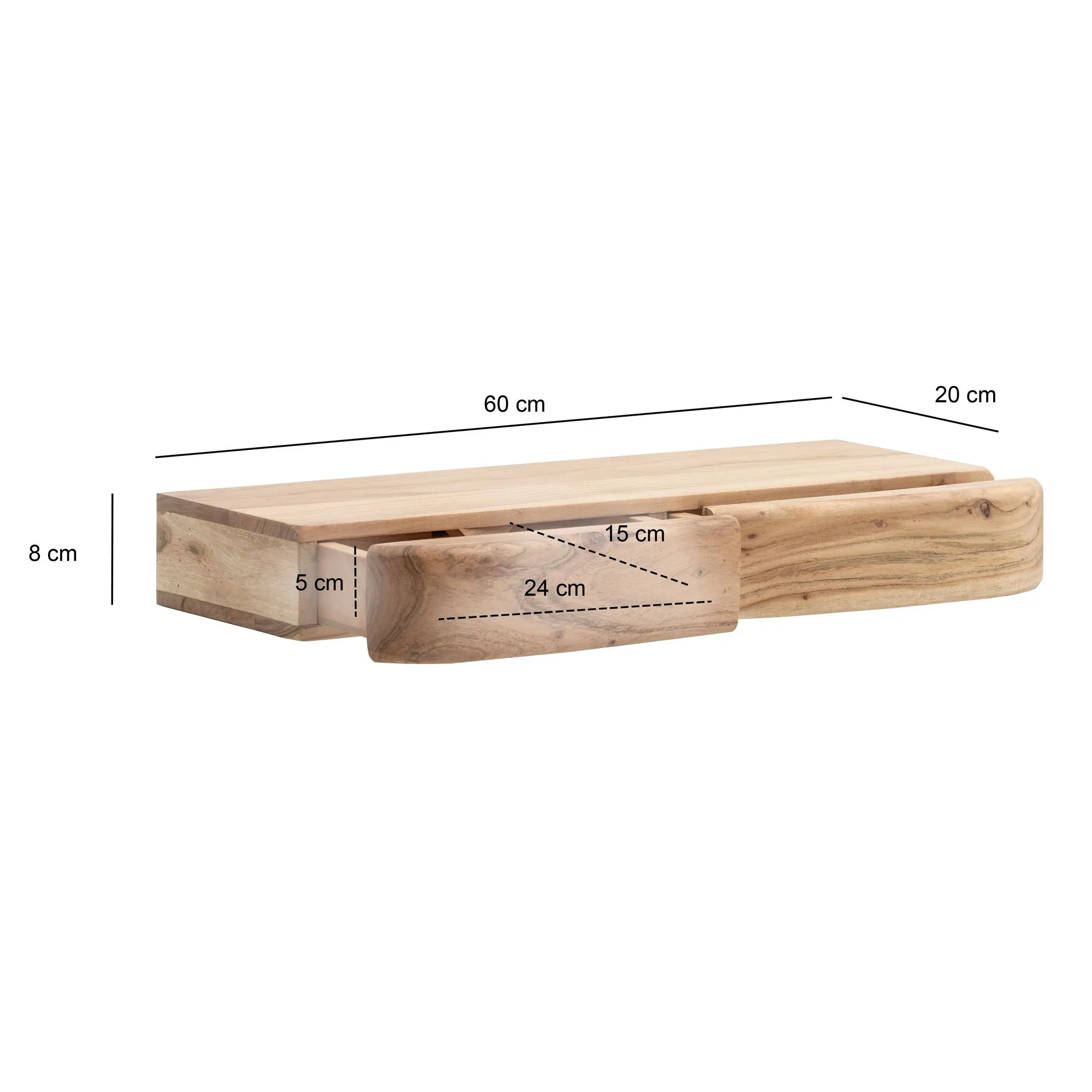 Wandregal Akazie Massivholz 60cm mit zwei Schubladen - Design Regal für die Wand - Holz Wandboard mit Stauraum - Schwebendes Hängeregal aus Echtholz