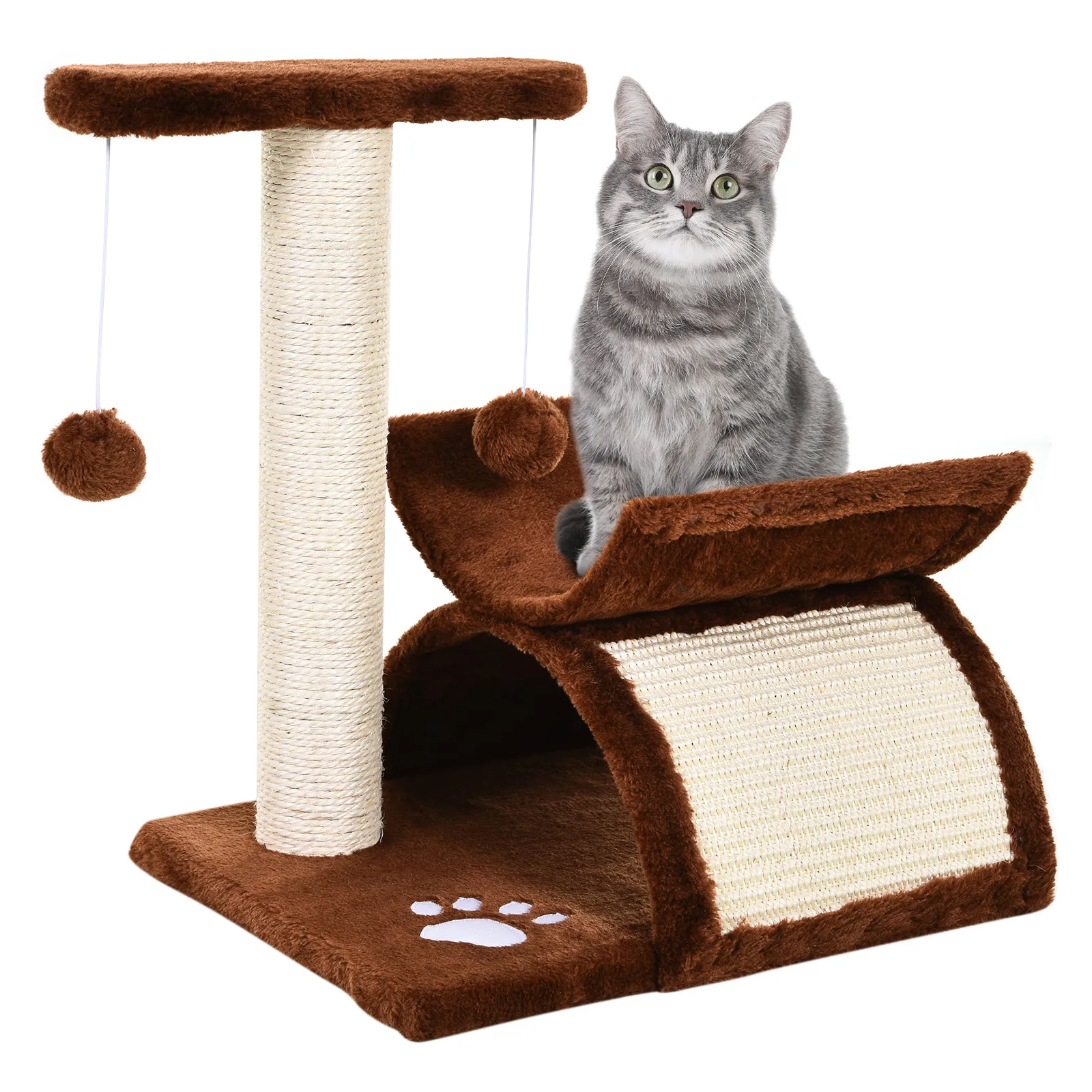 Kratzbaum klein Katzenkratzbaum Spielbaum Kratzstamm für Katzen mit Spielball Braun L40 x B30 x H43 cm