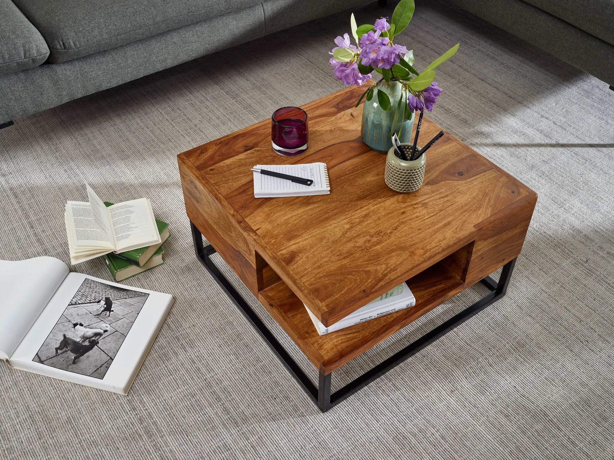 tinkaro Couchtisch quadratisch MIO Sheesham Massivholz Sofatisch Braun