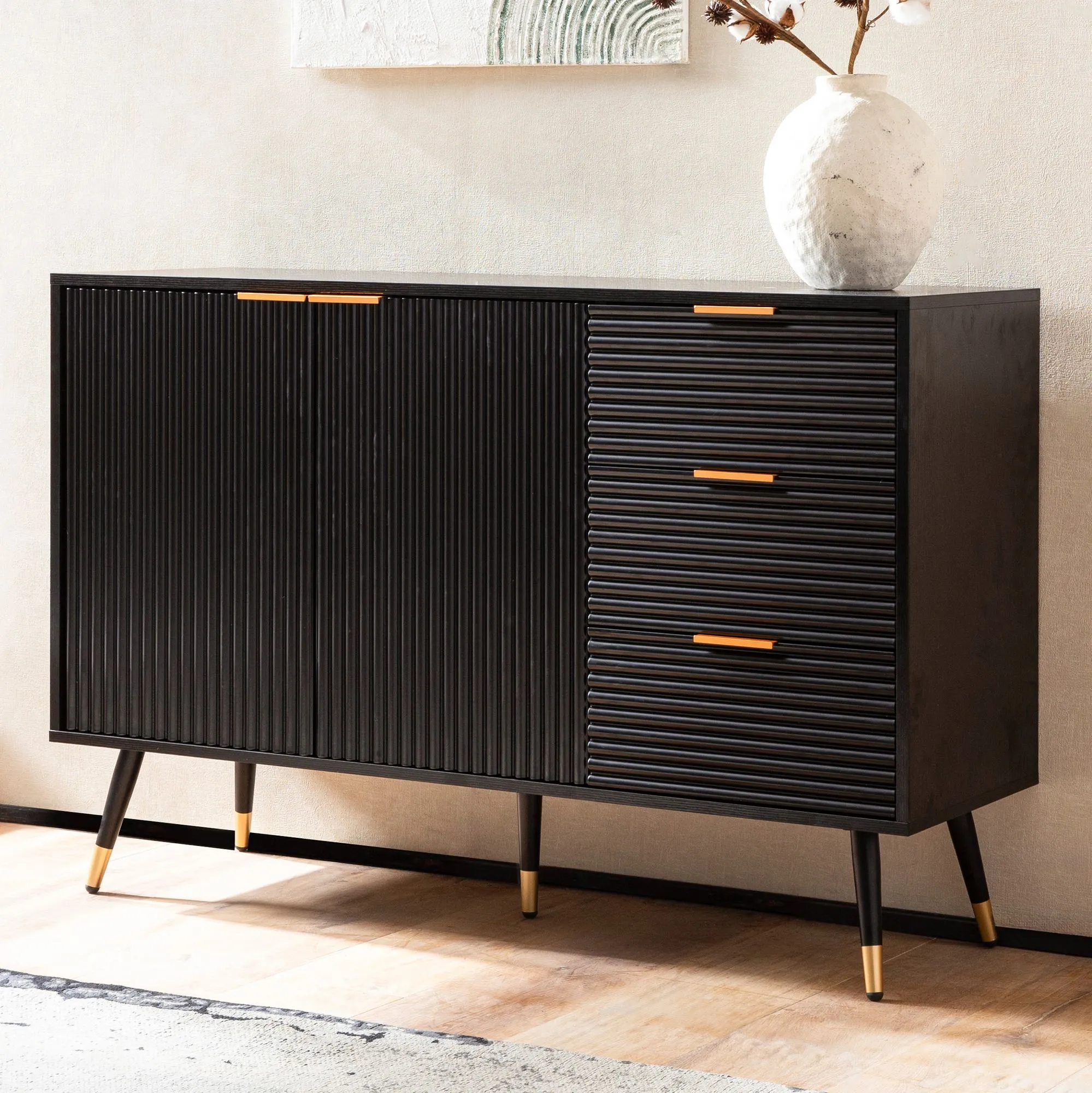 Sideboard 120x80x40 cm Anrichte Schwarz mit Eiche-Dekor