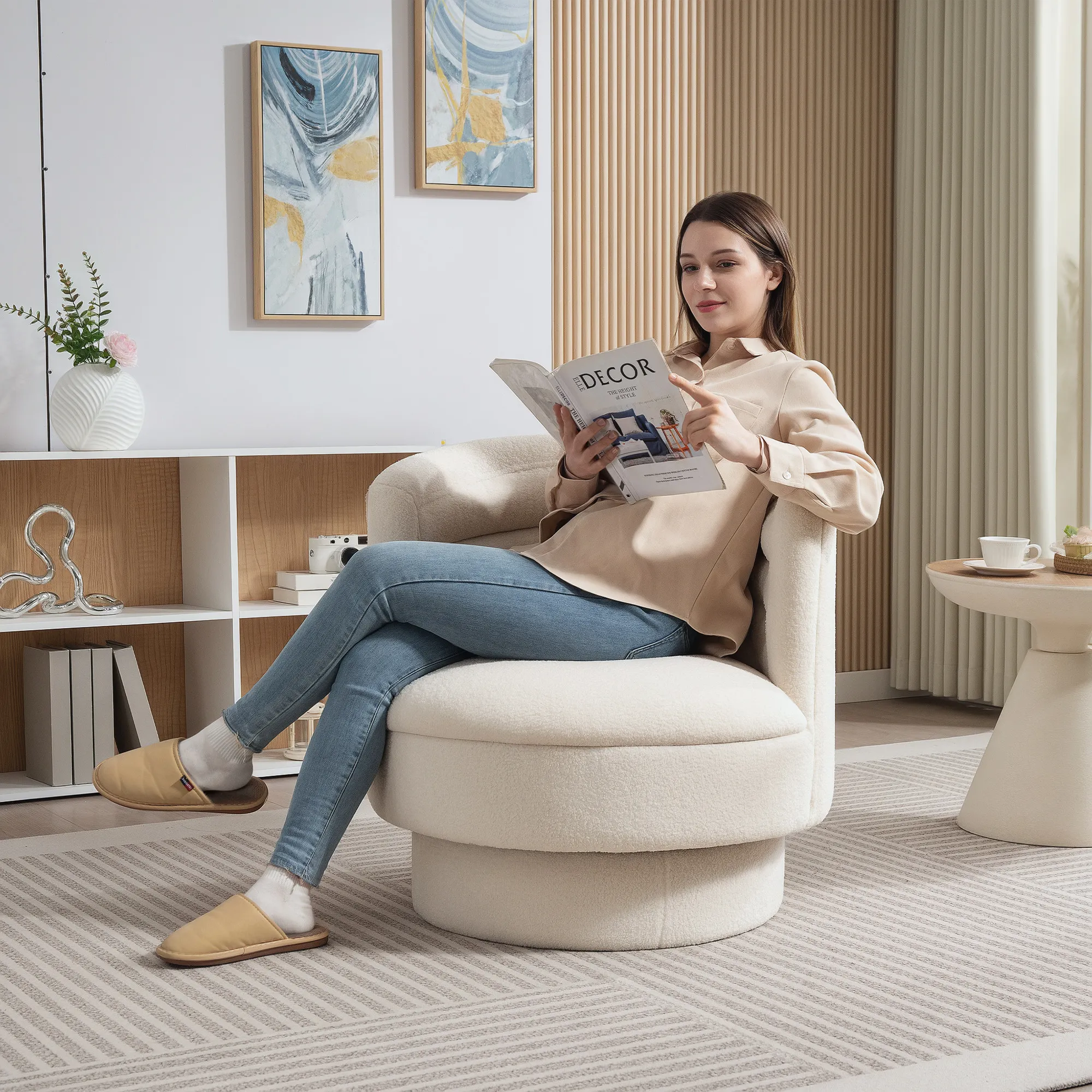 Drehbarer Polstersessel, Moderner Lounge-Sessel mit Kautschukholzrahmen, für Wohnzimmer, Schlafzimmer, Cremeweiß