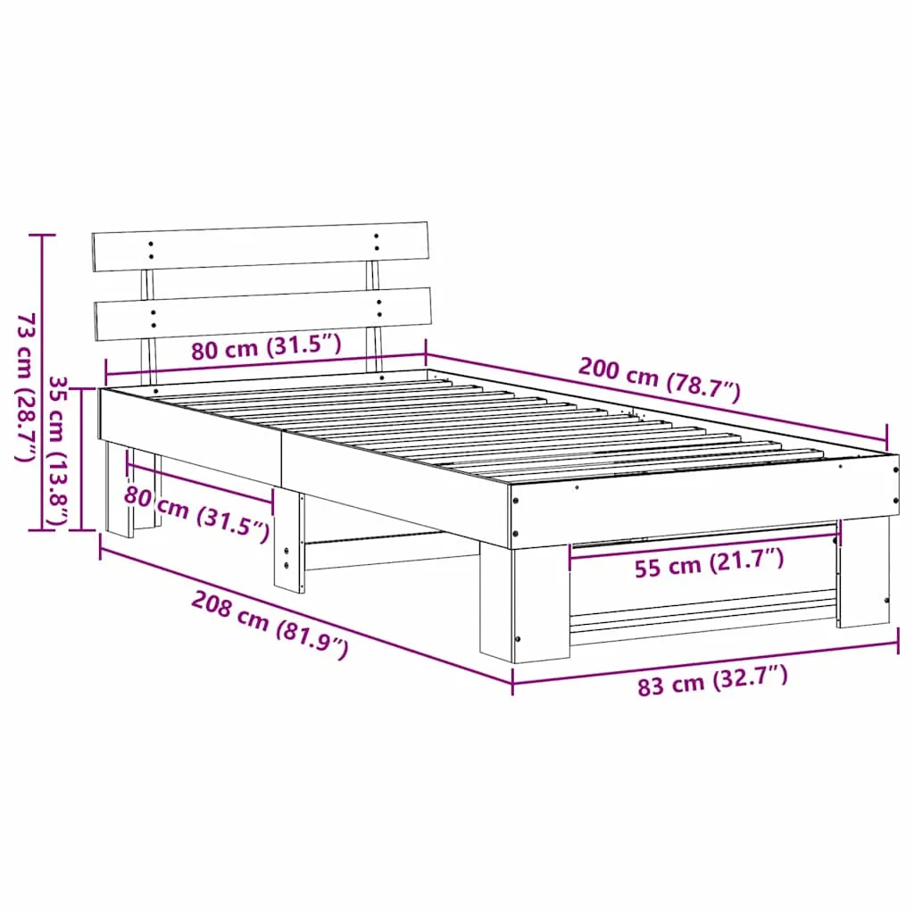 Bettrahmen Massivholz 208 x 83 x 73 cm Wachsbraun