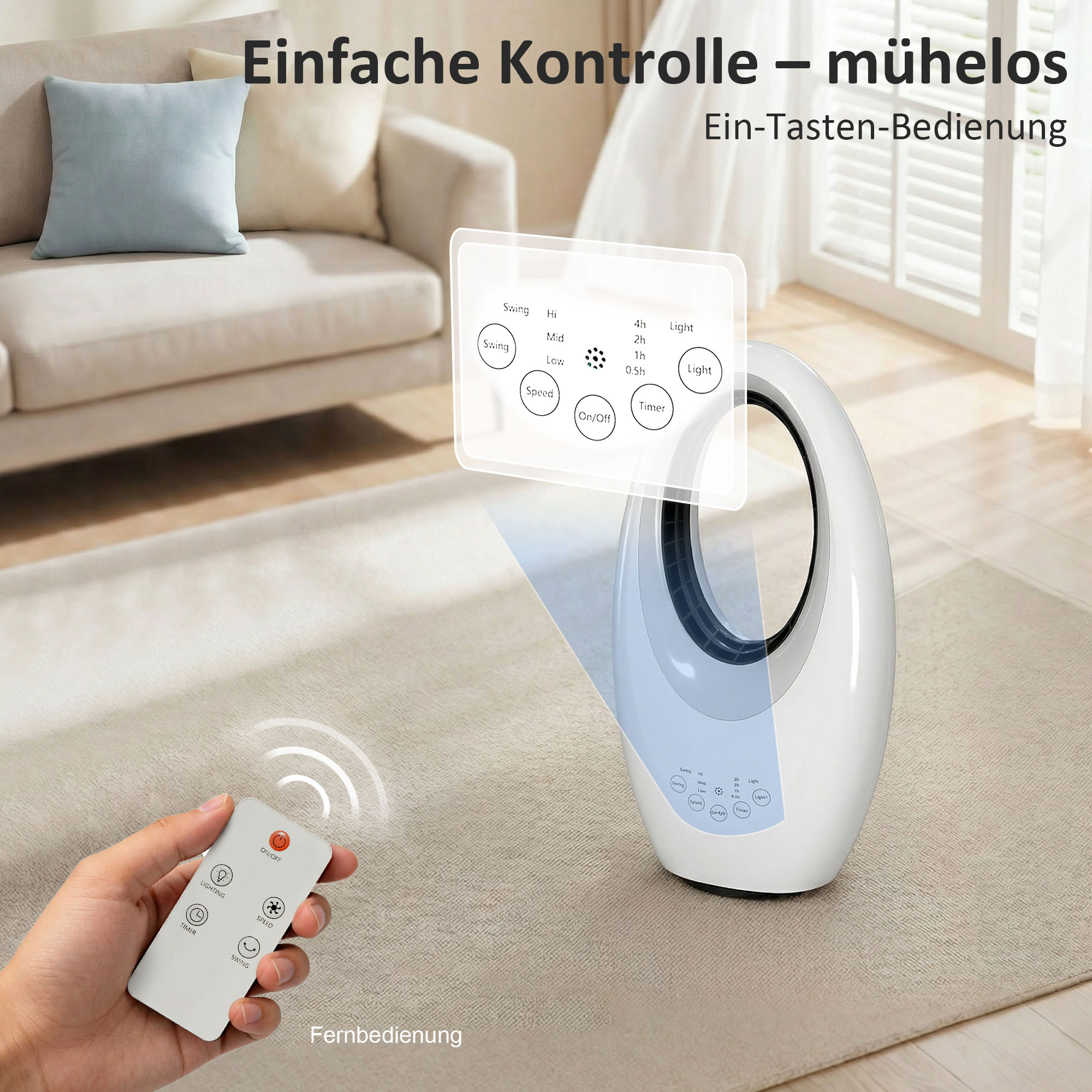 Turmventilator ohne Rotorblätter leiser Ventilator mit 60° Oszillation, LED-Beleuchtung, 3 Geschwindigkeiten, 7,5H-Timer