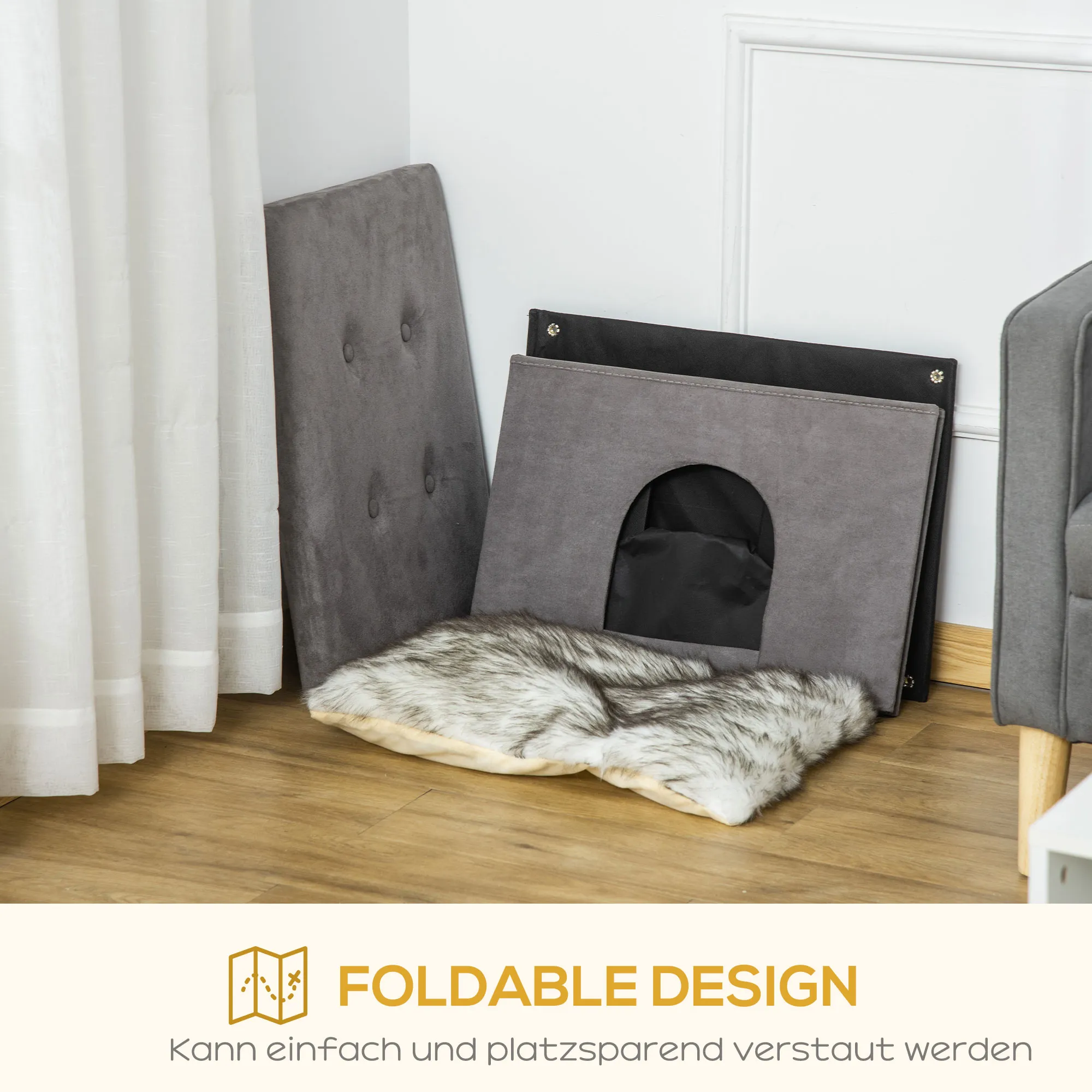 Katzenhaus Grau Schwarz Weiß 60B x 45T x 44,5H cm