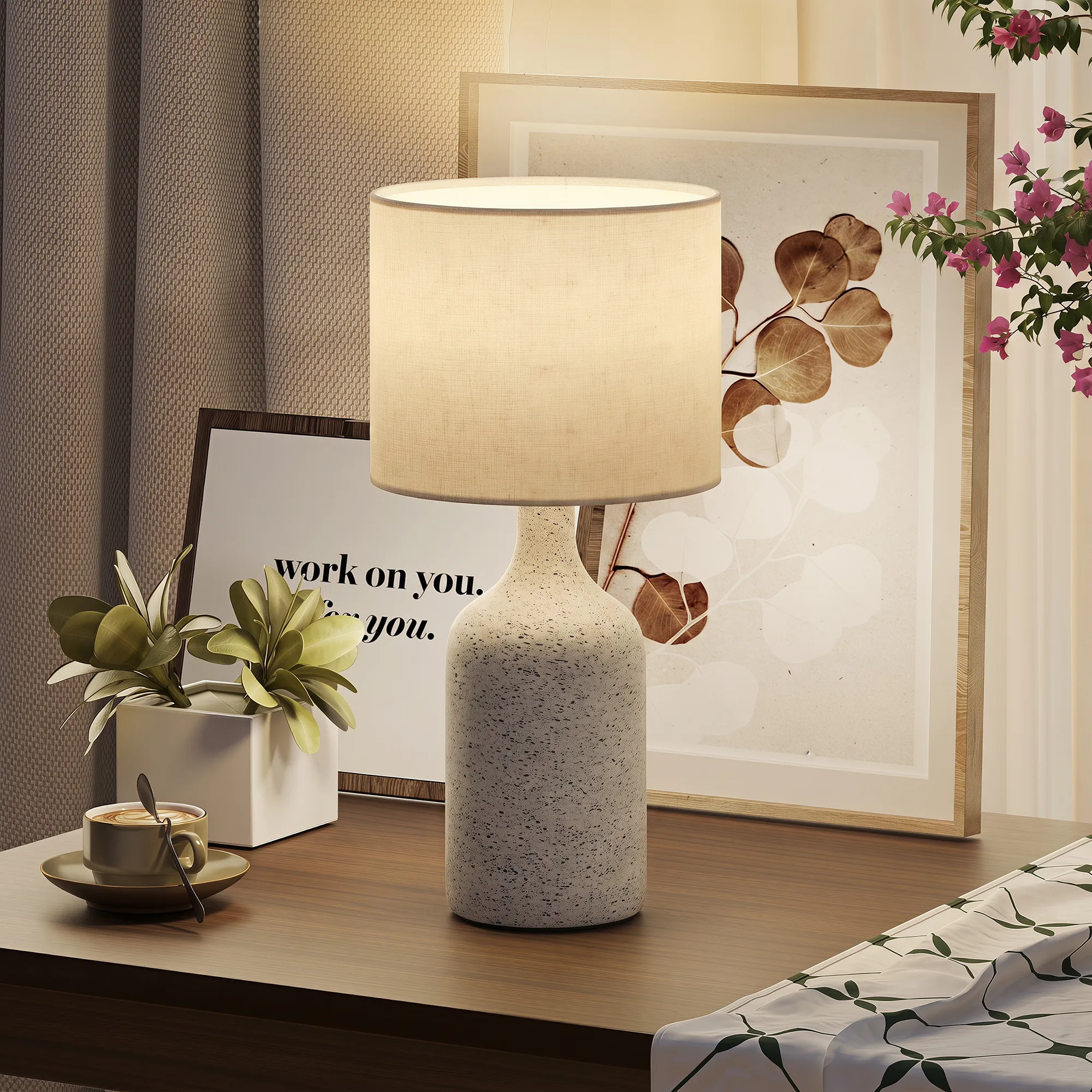 Tischlampe mit Keramiksockel und Leinenschirm, 45 cm, Sandfarben