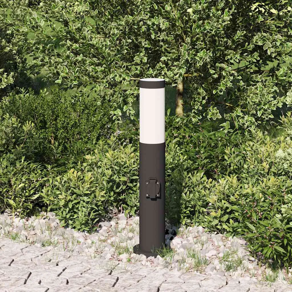 Schwarze Edelstahl Pollerleuchte 11x50 cm mit integrierter Steckdose