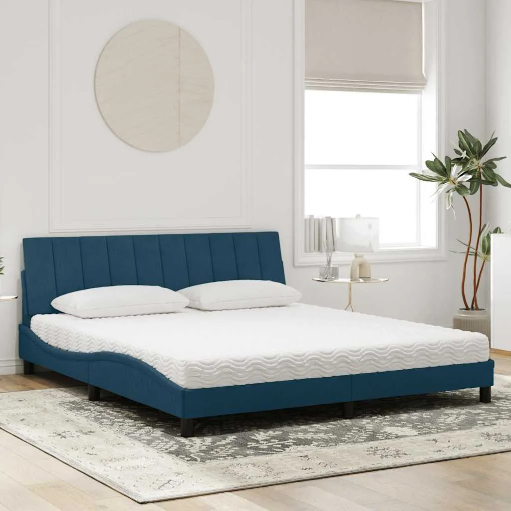Blaues Samt-Bettgestell mit Schaumstoffmatratze 218x185x74,5 cm