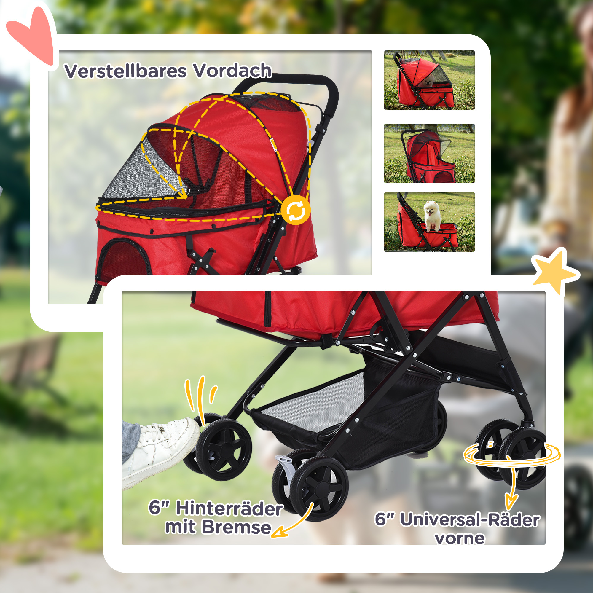 Hundebuggy für kleine Hunde bis 10kg, Oxford-Gewebe, Rot