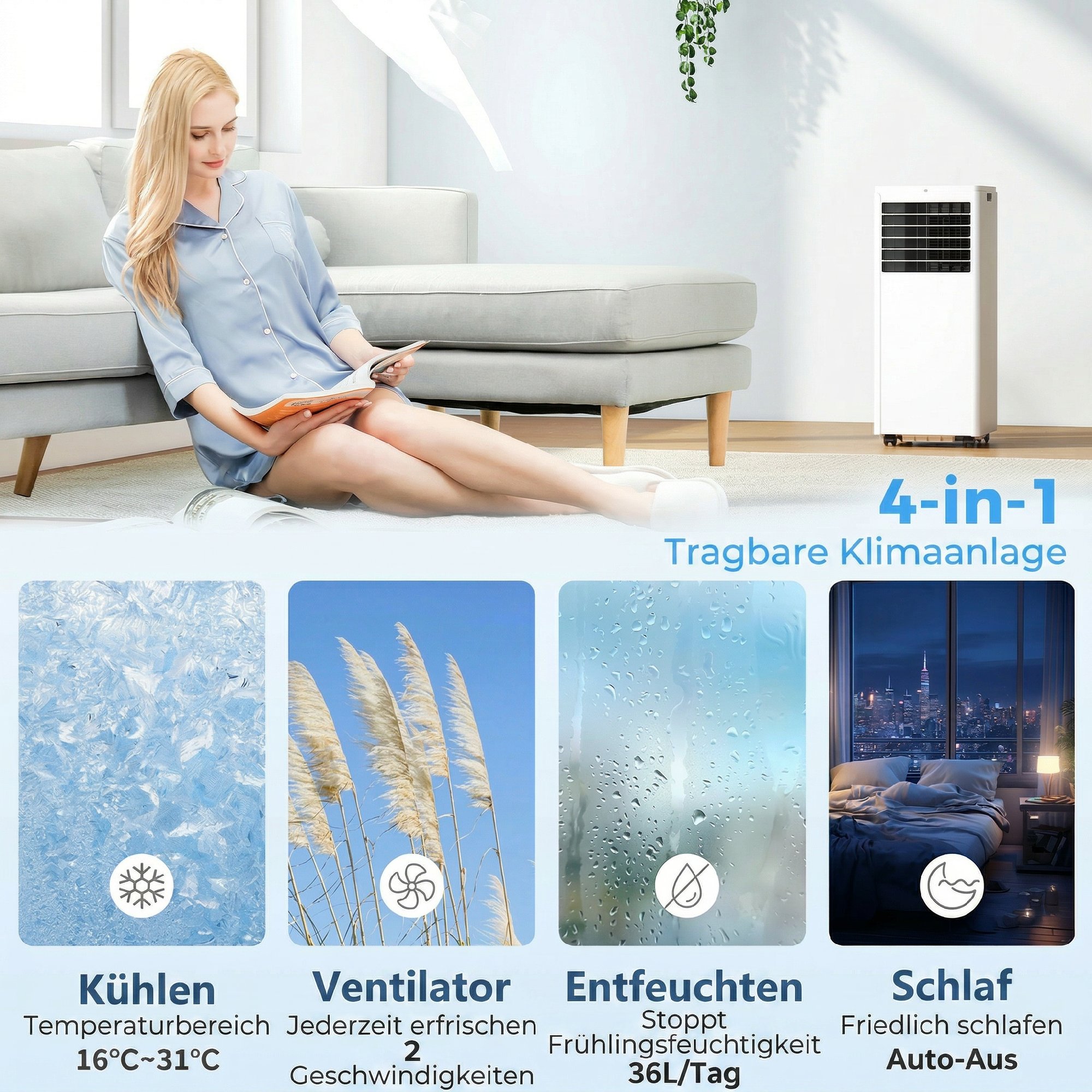 Tragbares Klimagerät 7000 BTU, 4-in-1 Klimaanlage mit Kühlung, Entfeuchter, Ventilator, Schlafmodus