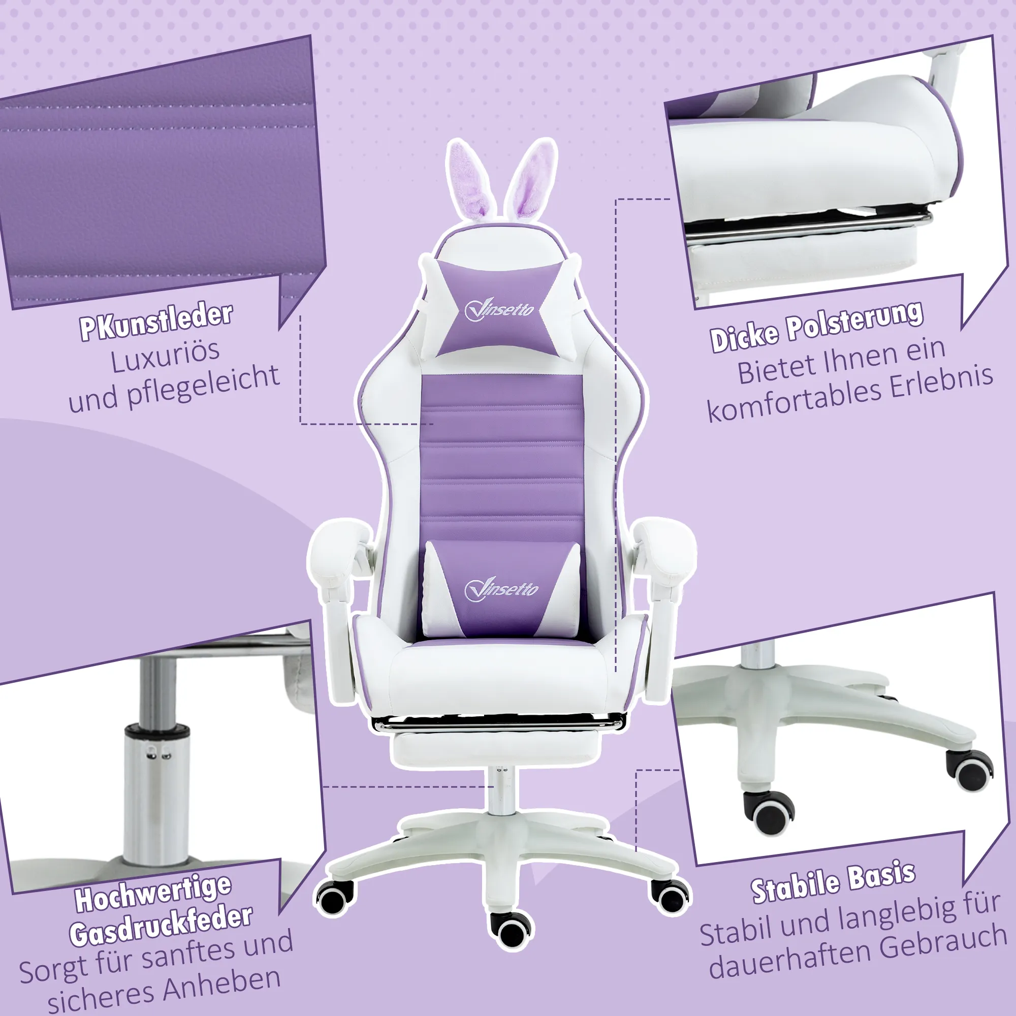 Gaming-Stuhl mit Fußstütze 65L x 63B x 136-142H cm Violett+Weiß