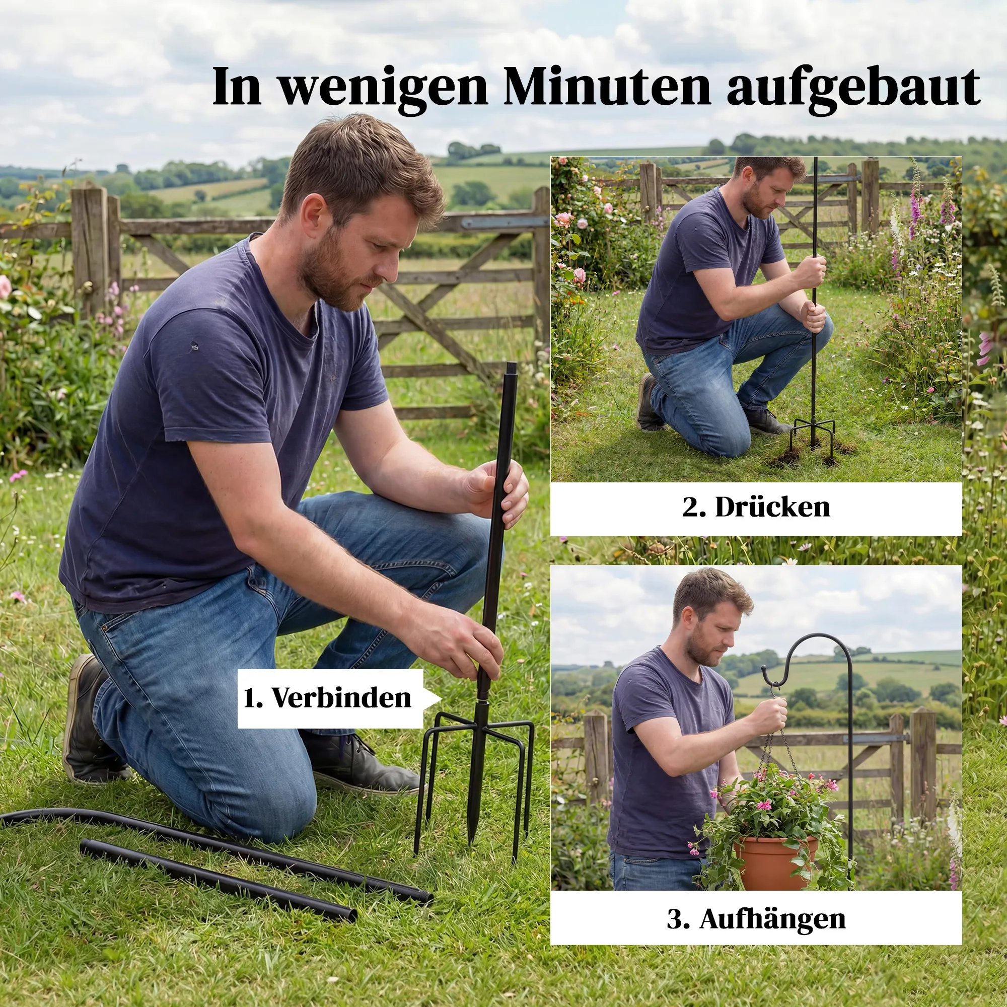 Schäferhaken Set 2-teilig aus Metall, 160 cm Höhe, Schwarz