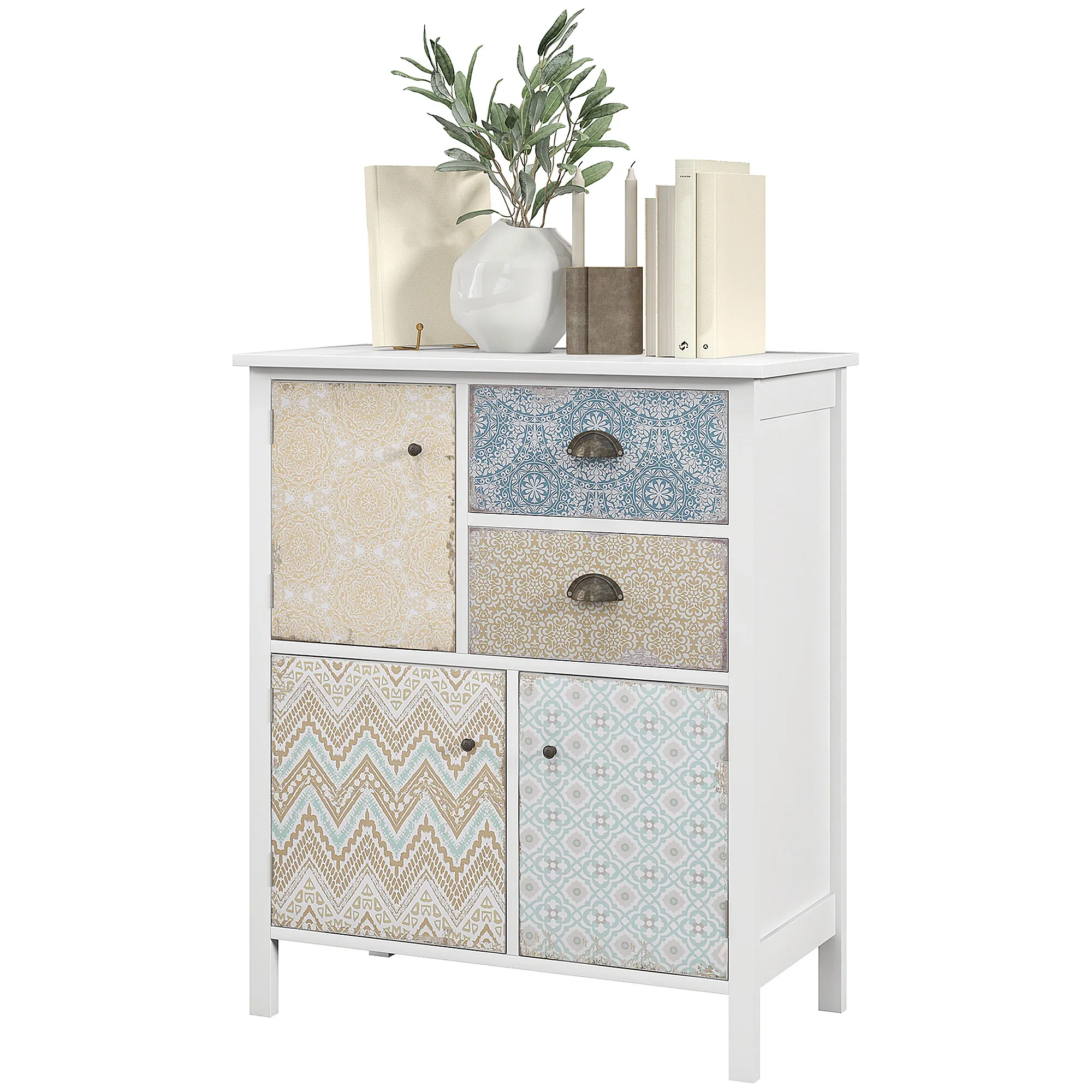 Sideboard, Shabby Chic Kommode, 2 Schubladen, 3 Schrankfächer, Kiefernholz, 68x34x80cm, Weiß Sideboard, Shabby Chic Kommode, 2 Schubladen, 3 Schrankfächer, Kiefernholz, 68x34x80cm, Weiß