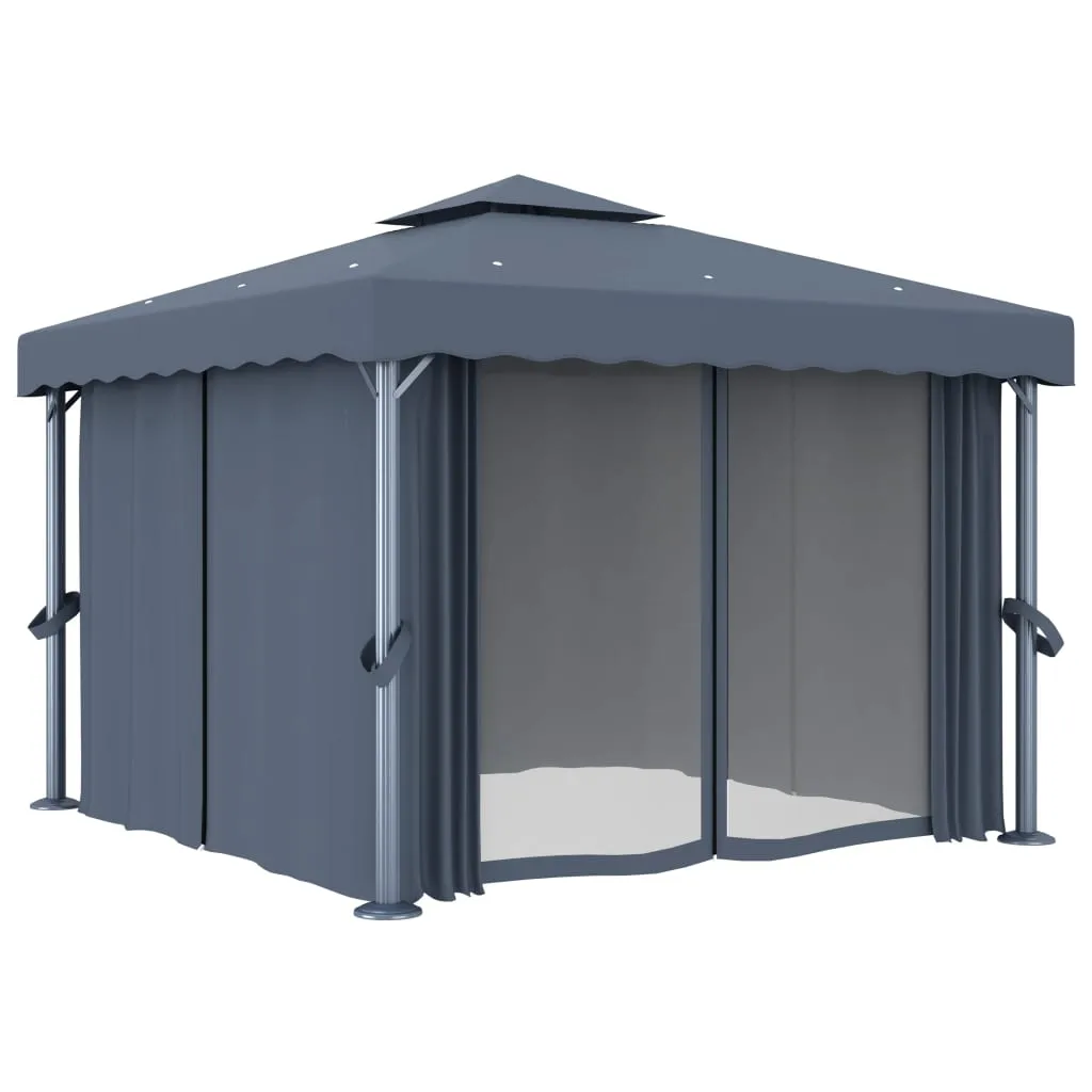 Pavillon 3x3 m Anthrazit mit Doppeldach und Solar-Lichterkette