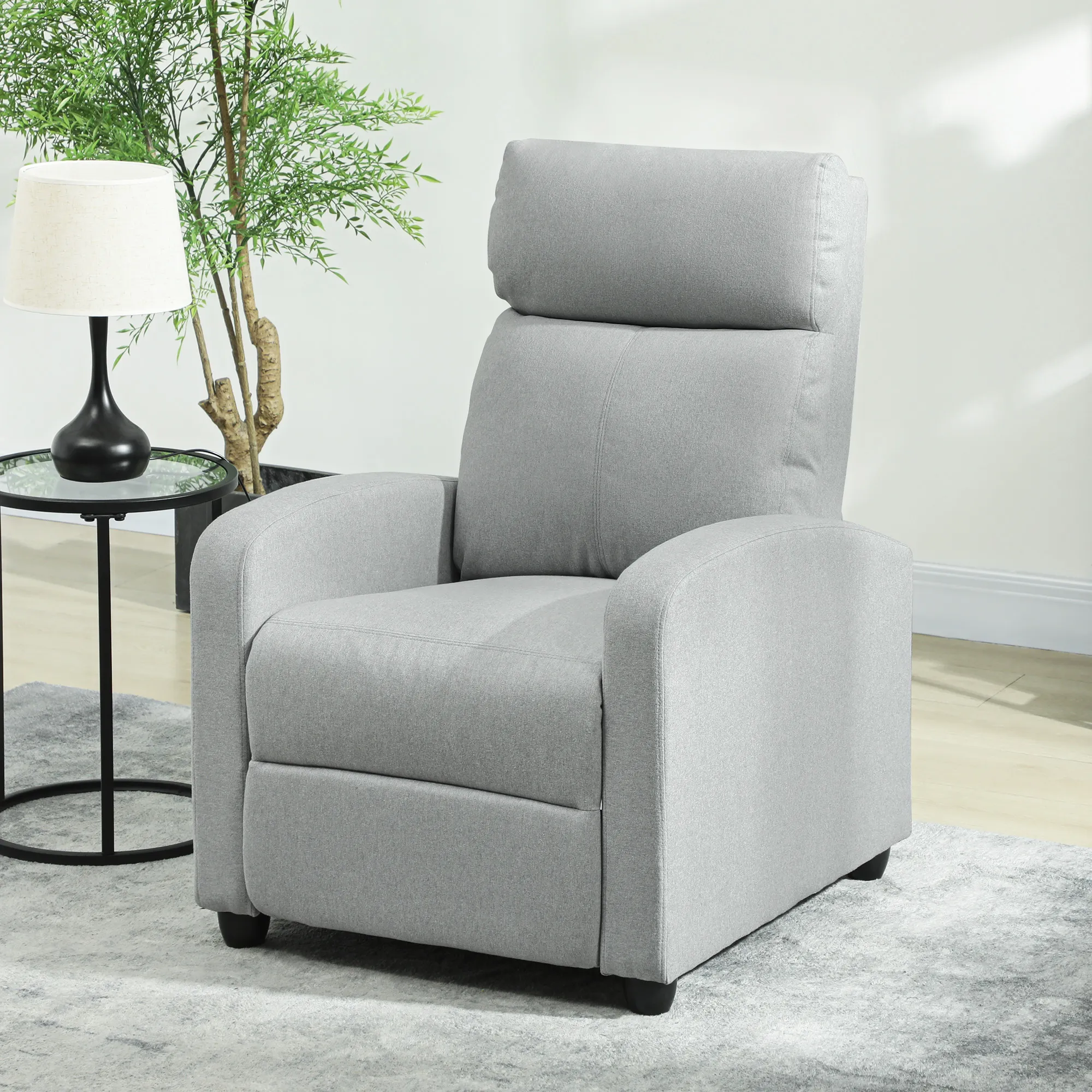 Relaxsessel, verstellbar 135°, ausziehbare Fußstütze, gepolsterte Lehnen, Leinen-Polyester, Hellgrau