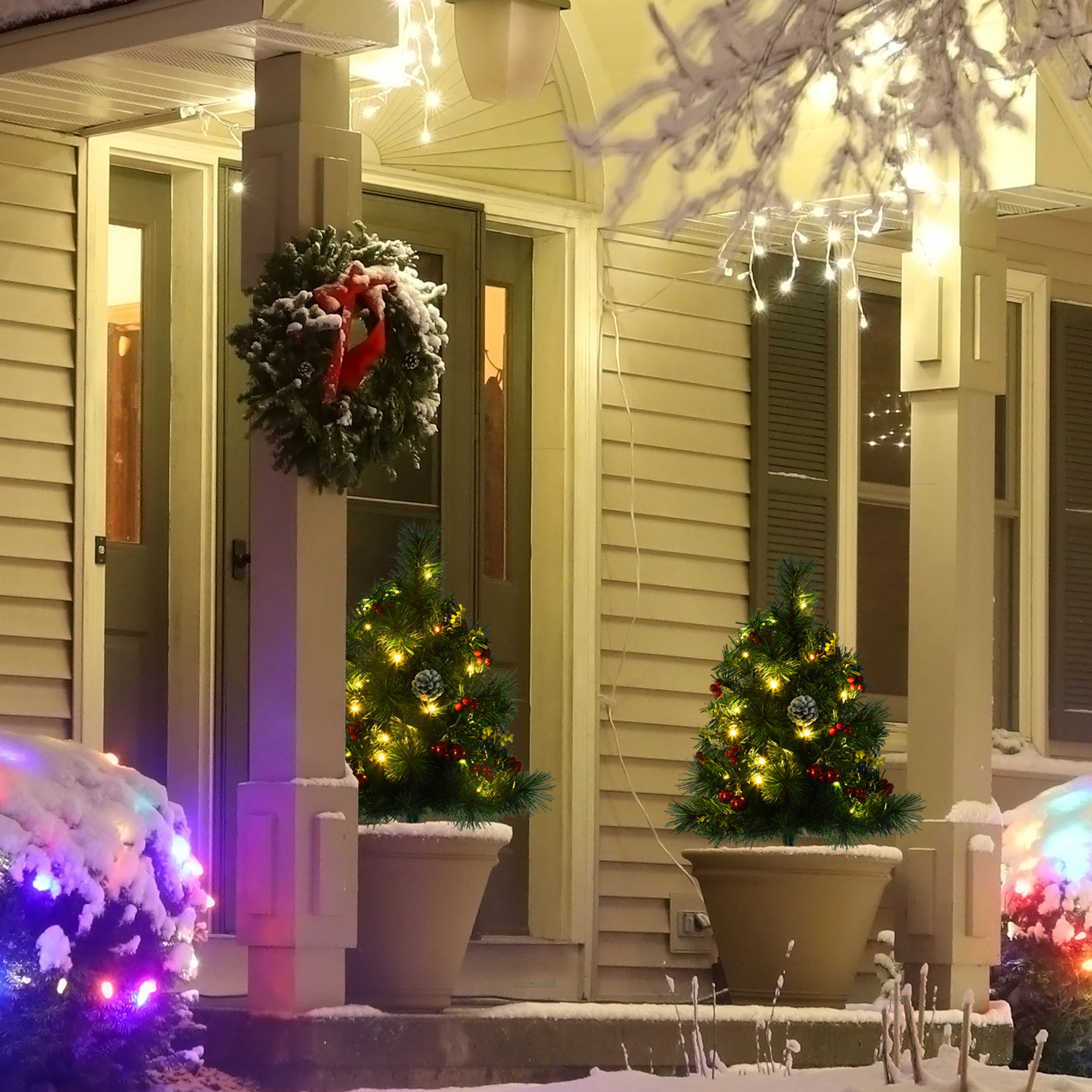 Künstliche Mini-Weihnachtsbäume Set mit LED, Kunststoff, Ø33x75cm