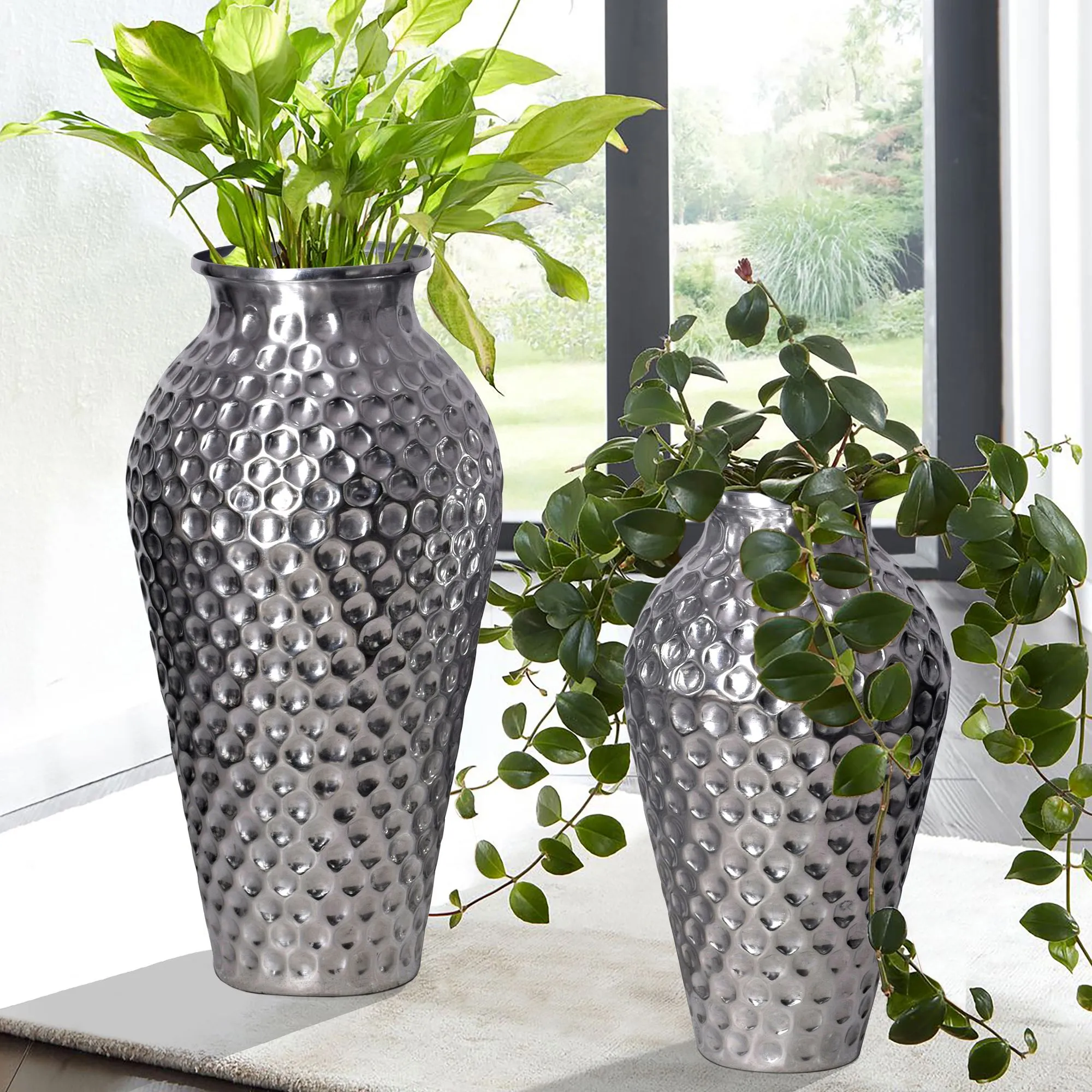 Deko Vase 2er Set Aluminium Silber Amphore Blumenvase Modern