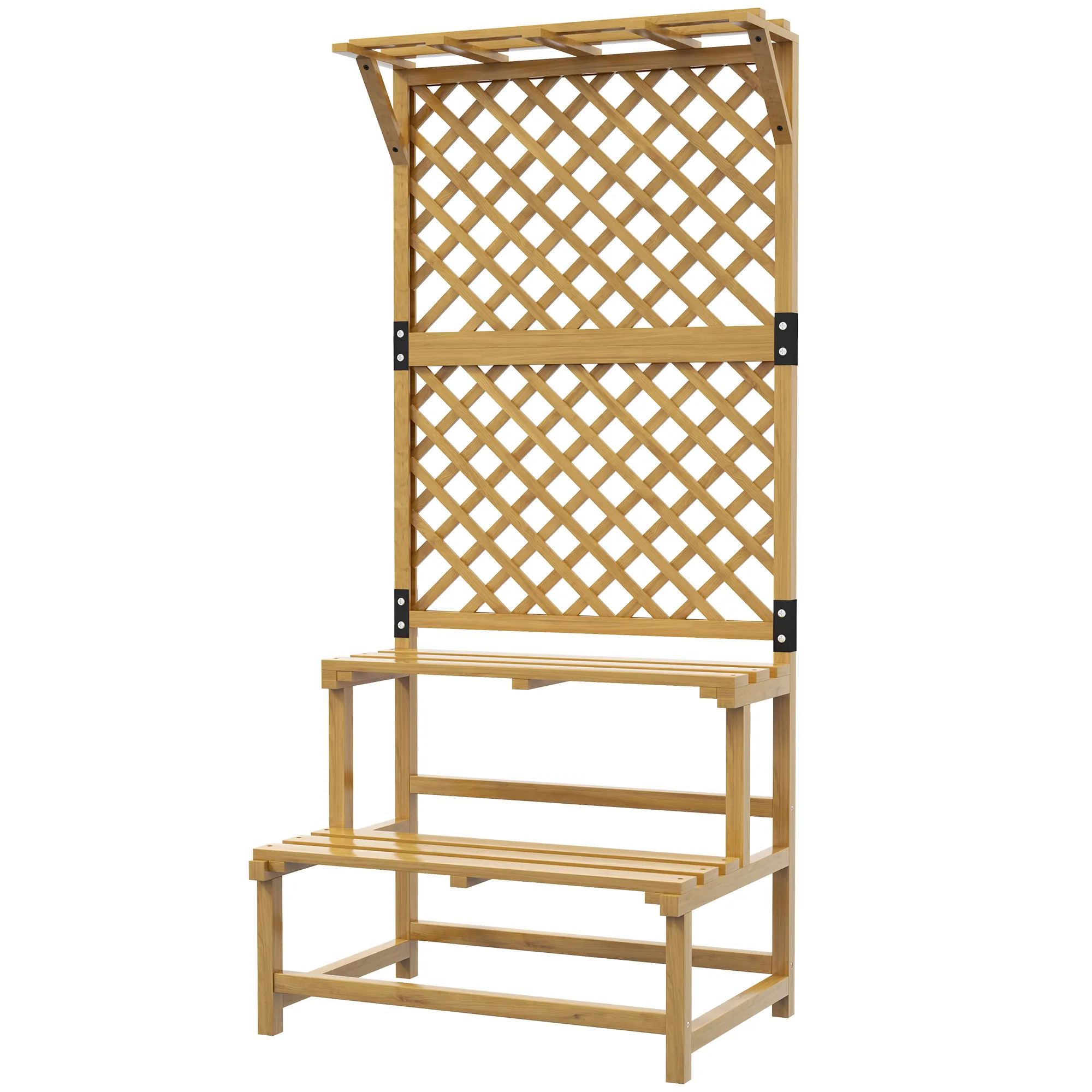 Pflanzenständer, Blumenregal, 2 Etagen, mit Spalier & Dach, Tannenholz, 75x50x166cm, Gelb