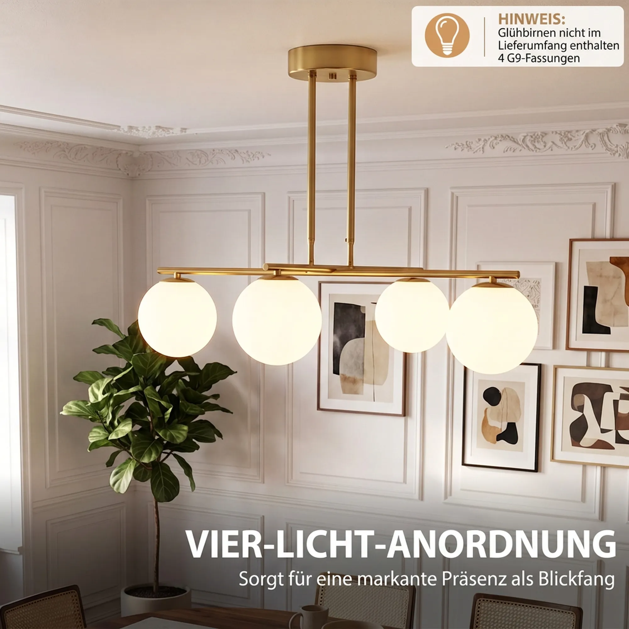 Pendelleuchte mit 4 Kugelschirmen, höhenverstellbar, Weiß-Gold