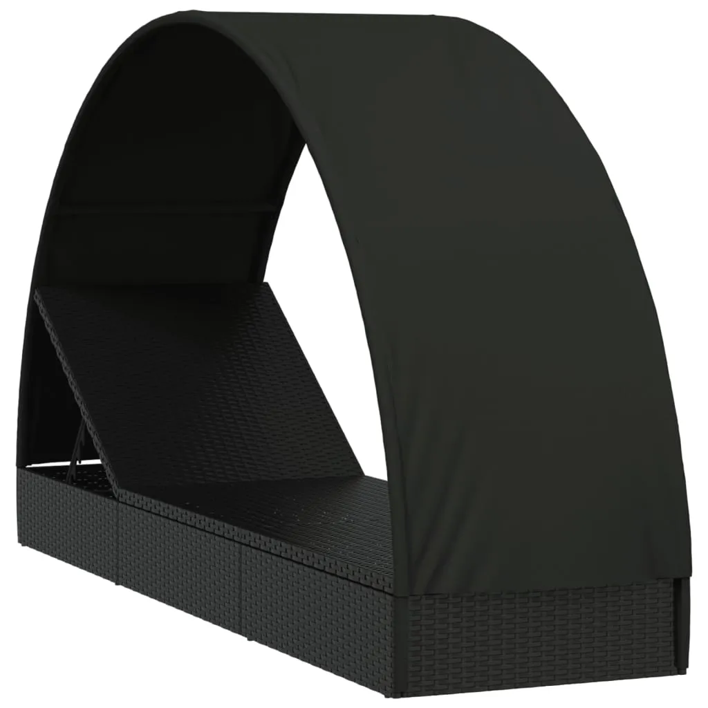 Sonnenliege mit Dach 211x57x140 cm Schwarz aus PE-Rattan und Stahl