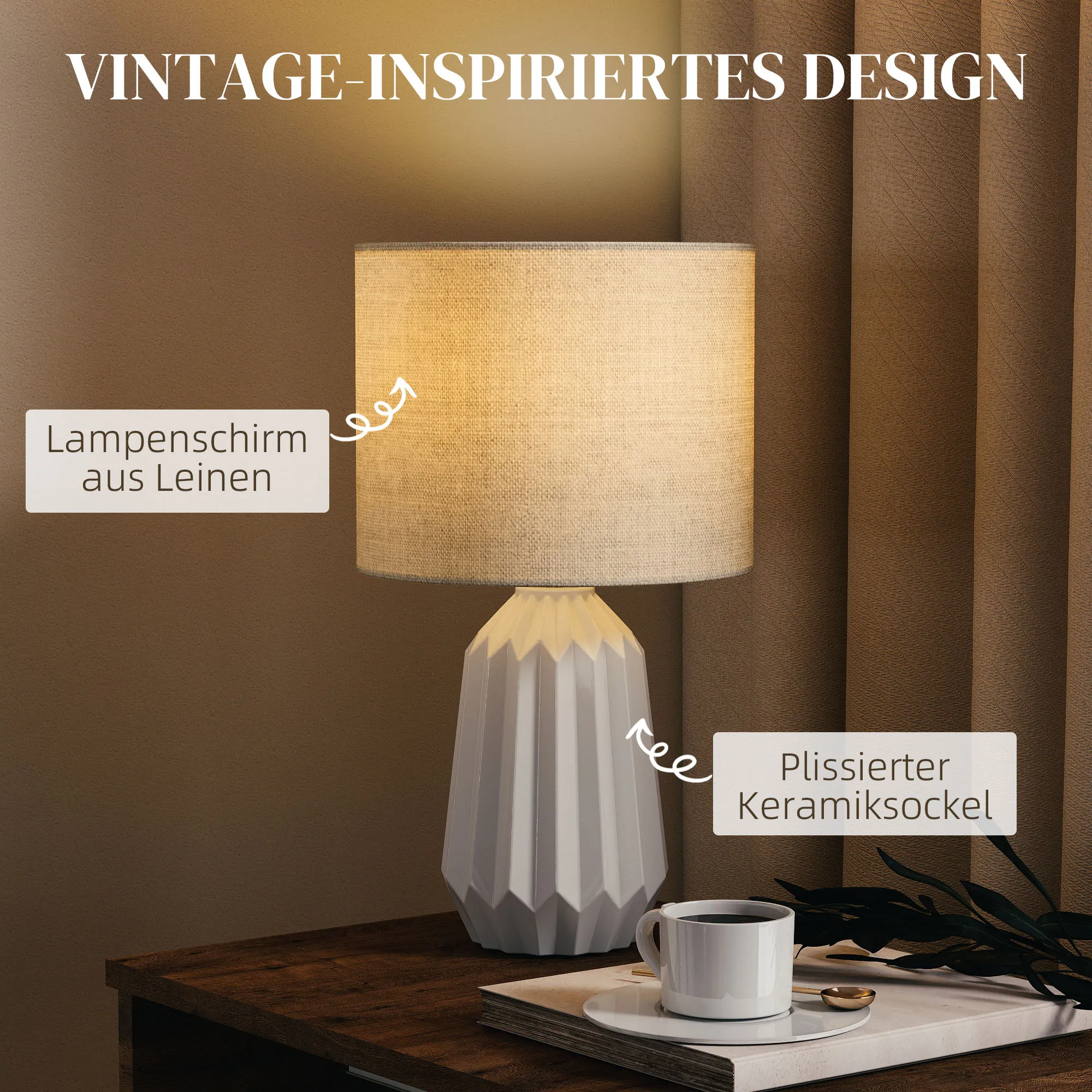 Tischlampe Nachttischlampe Keramik Leinen Weiß 22x22x39 cm