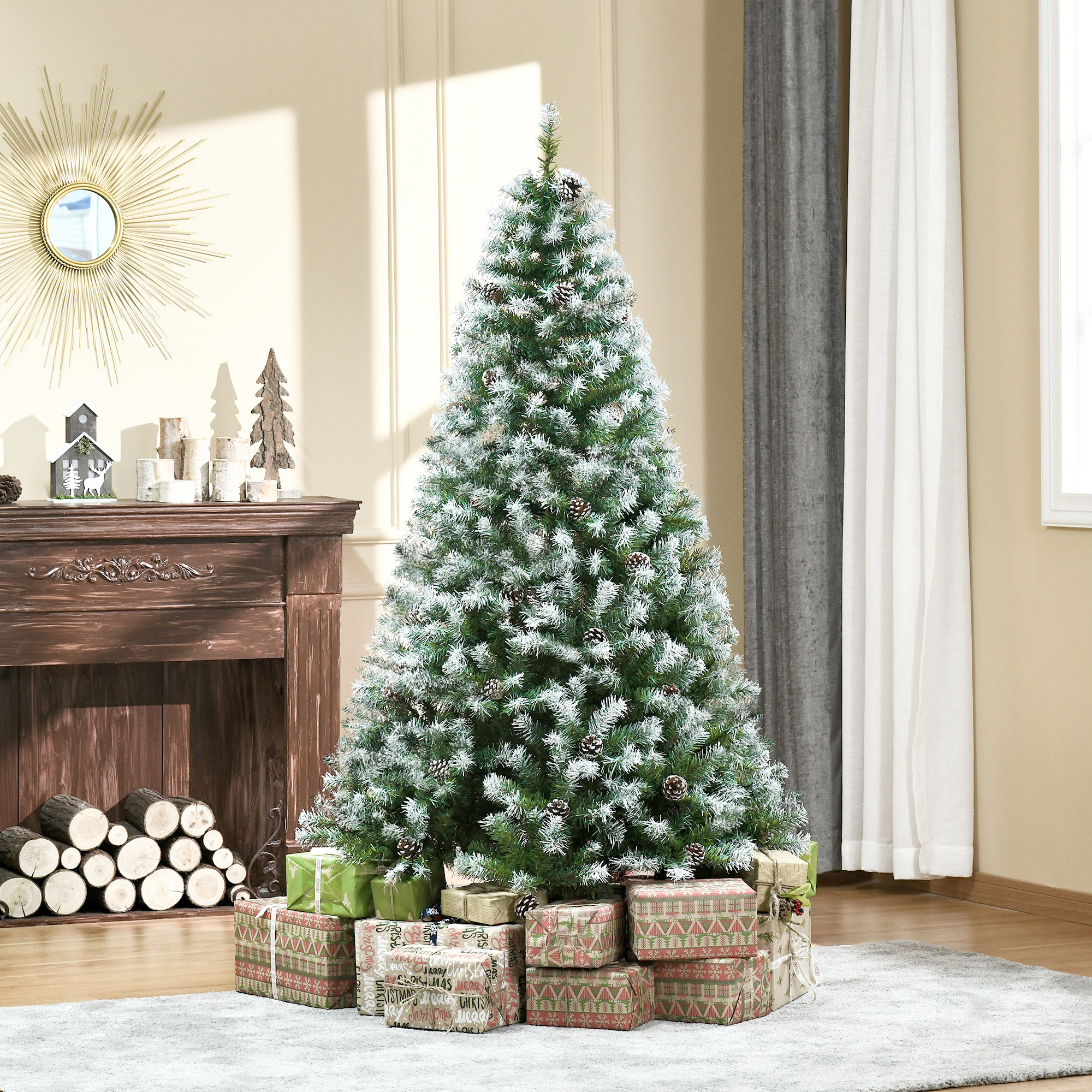 Künstlicher Weihnachtsbaum verschneit mit Zapfen, 180 cm, Grün-Weiß