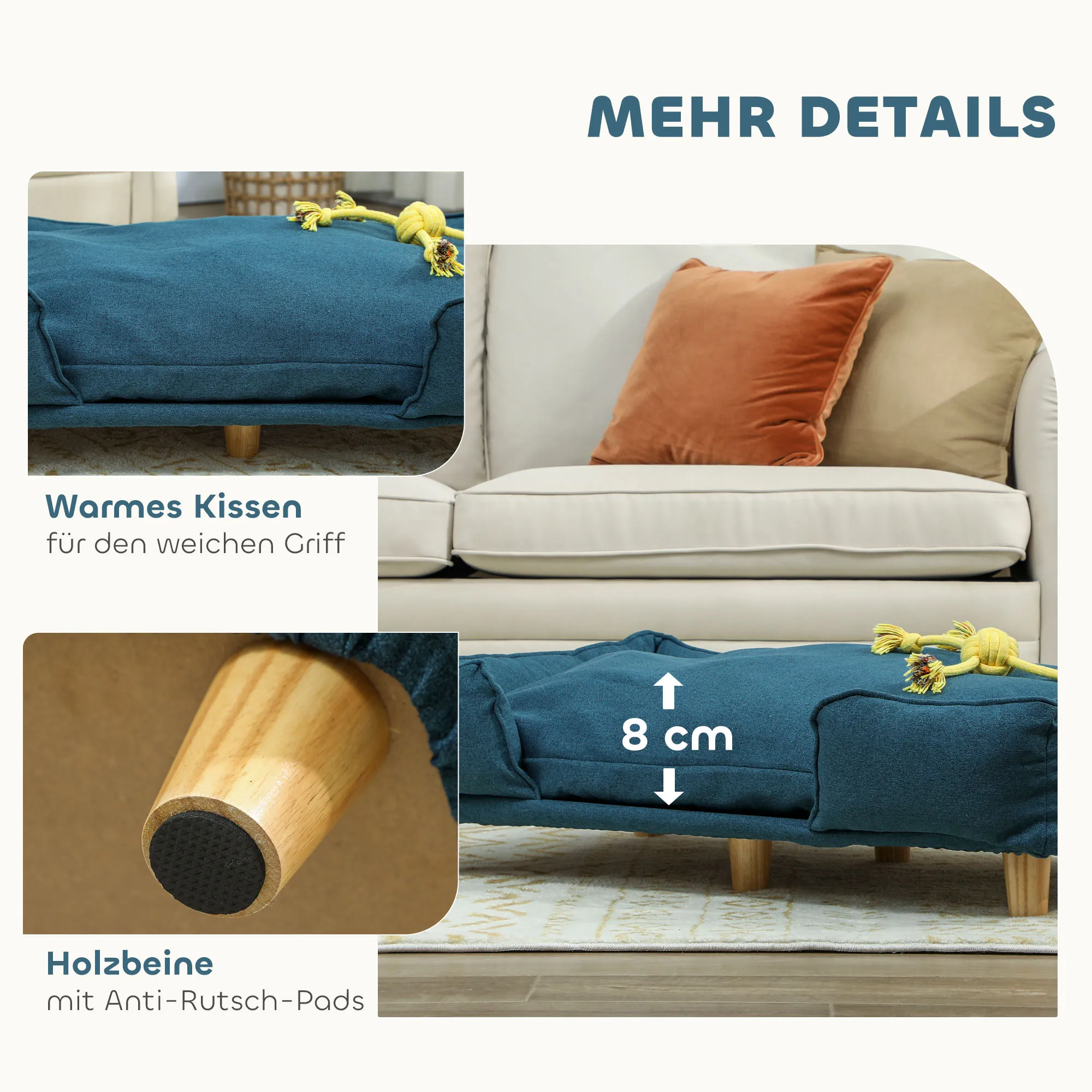 Hundesofa, Haustiersofa, Haustierbett, abnehmbares u. waschbares Polster, Natur+ Dunkelblau