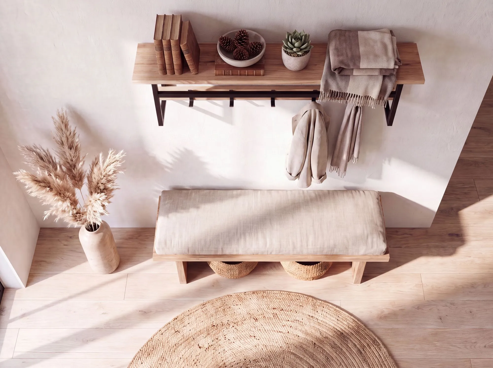 Wandgarderobe Akazie Massivholz 100cm mit Ablage - Modernes Garderobenpaneel Hängegarderobe mit 5 Haken und Kleiderstange - Garderobenleiste Flurgarderobe Massiv Handmade