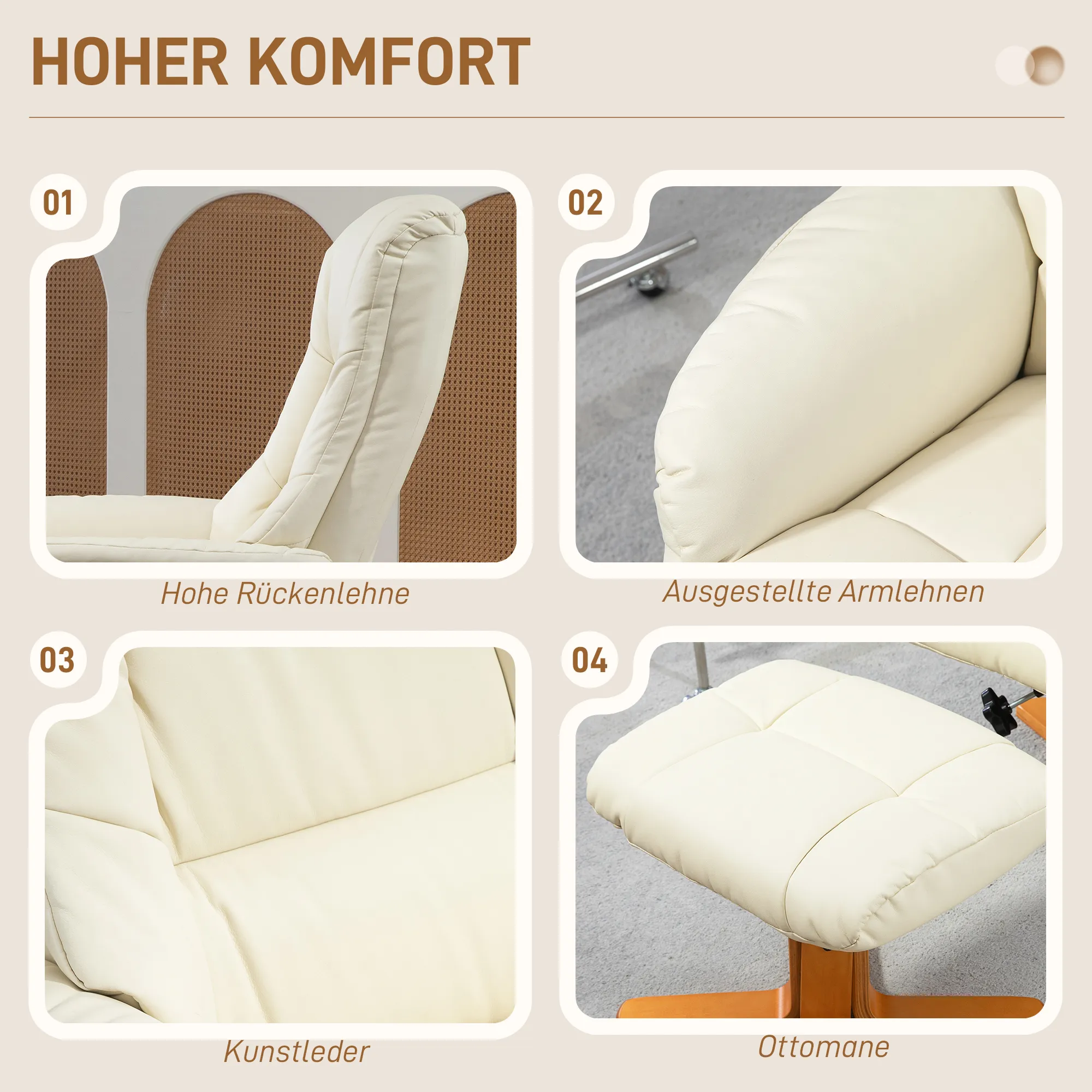Relaxsessel mit Hocker 71B x 84T x 102H cm in Cremeweiß