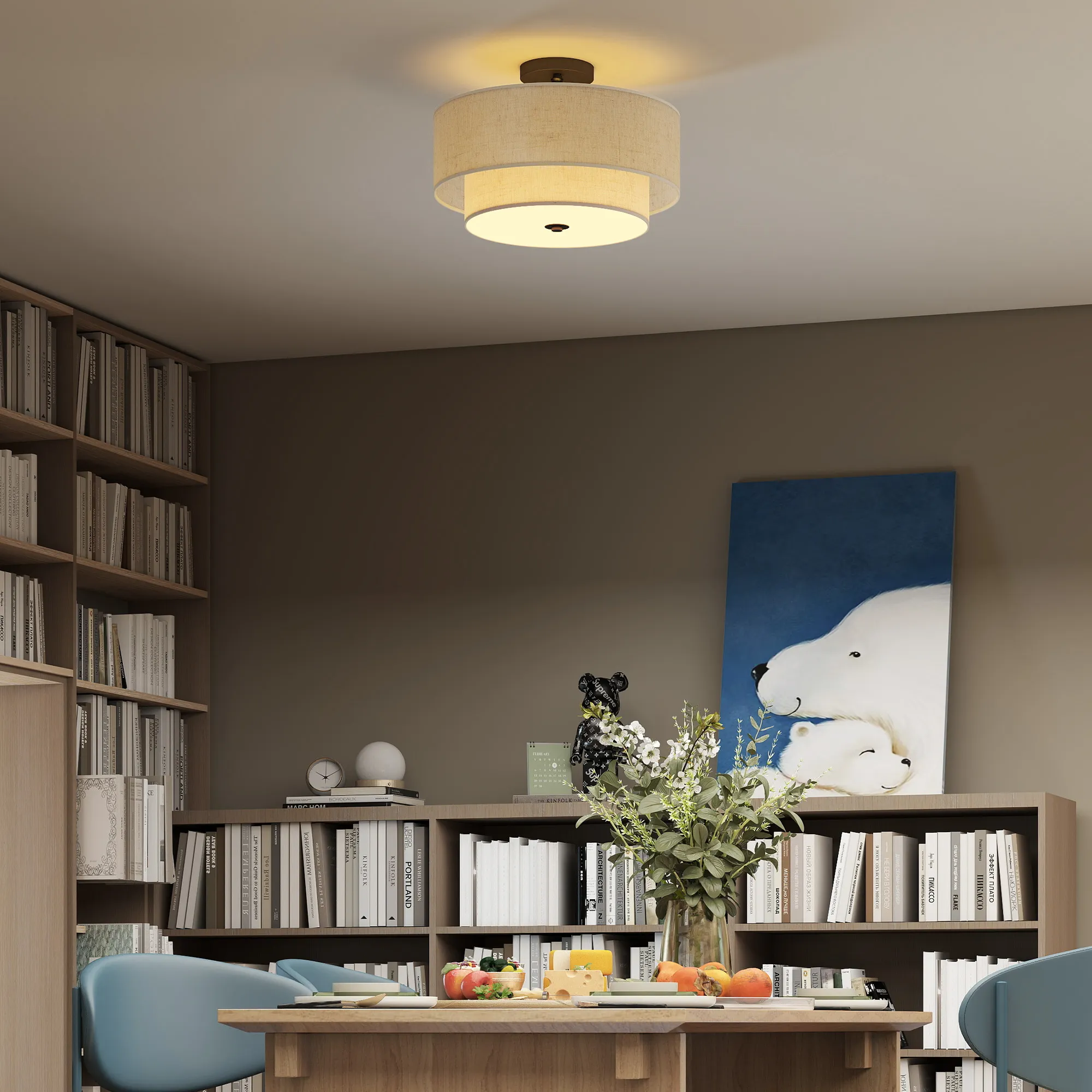 Deckenleuchte Hängeleuchte Stoff Leinenoptik Ø40 cm Cremeweiß