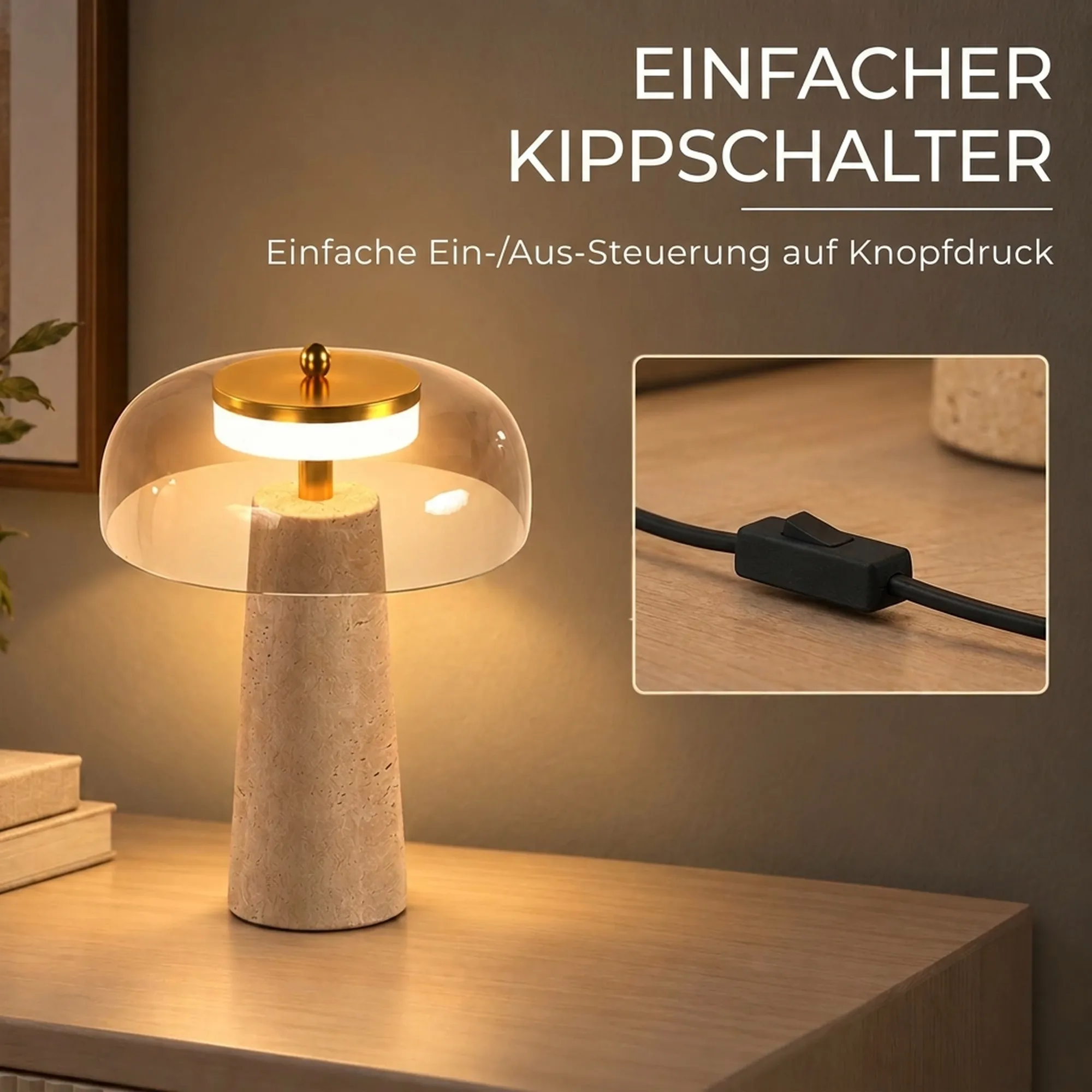 Tischlampe Vintage LED Travertin Glasschirm Bernstein 23x23x31 cm