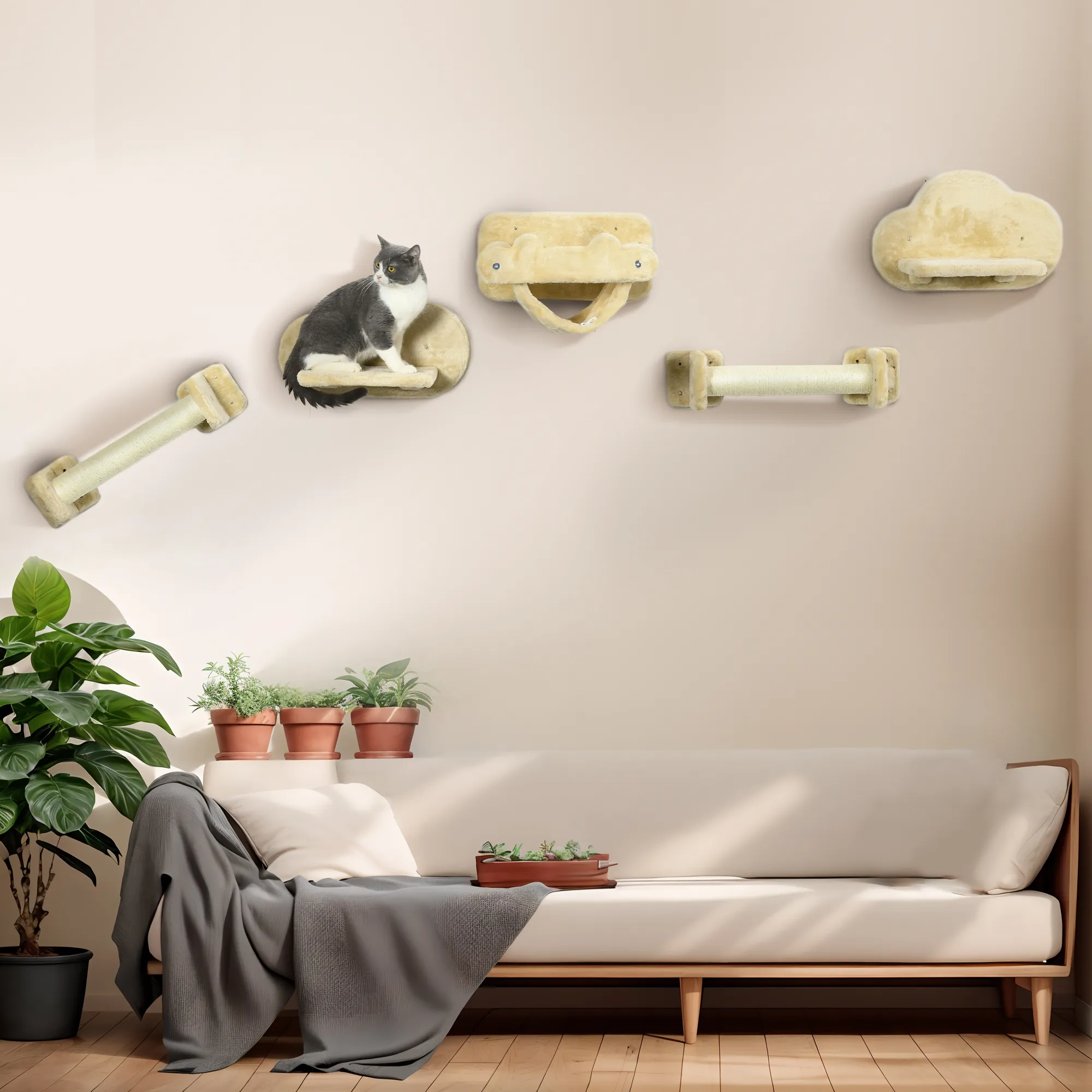 Katzentreppe Beige 44B x 22T x 28H cm mit Hängematte und Kratzstämmen