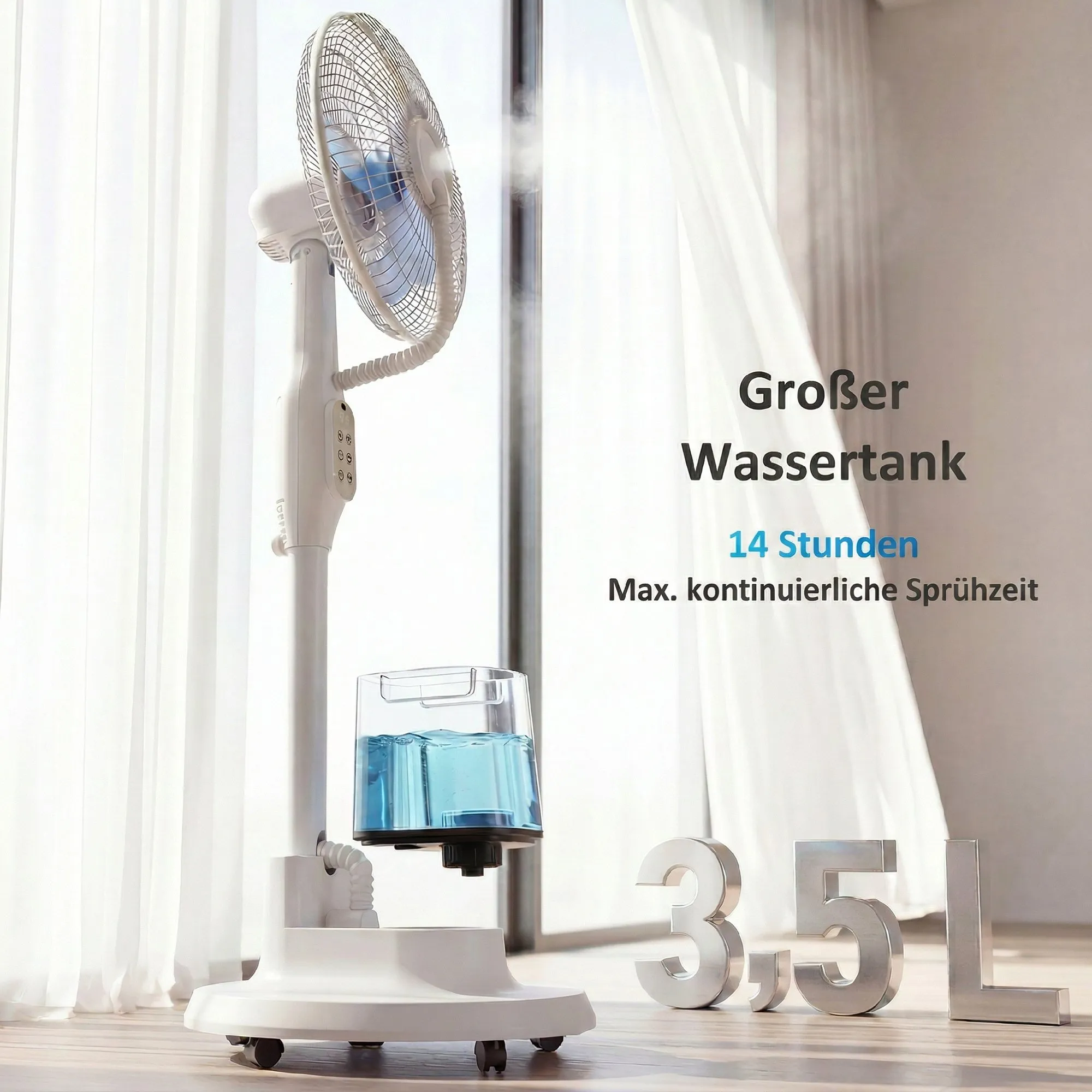 Stehventilator mit Sprühnebel, 70° Oszillation, 3 Geschwindigkeiten, 3 Modi, 3,5L Wassertank, Weiß