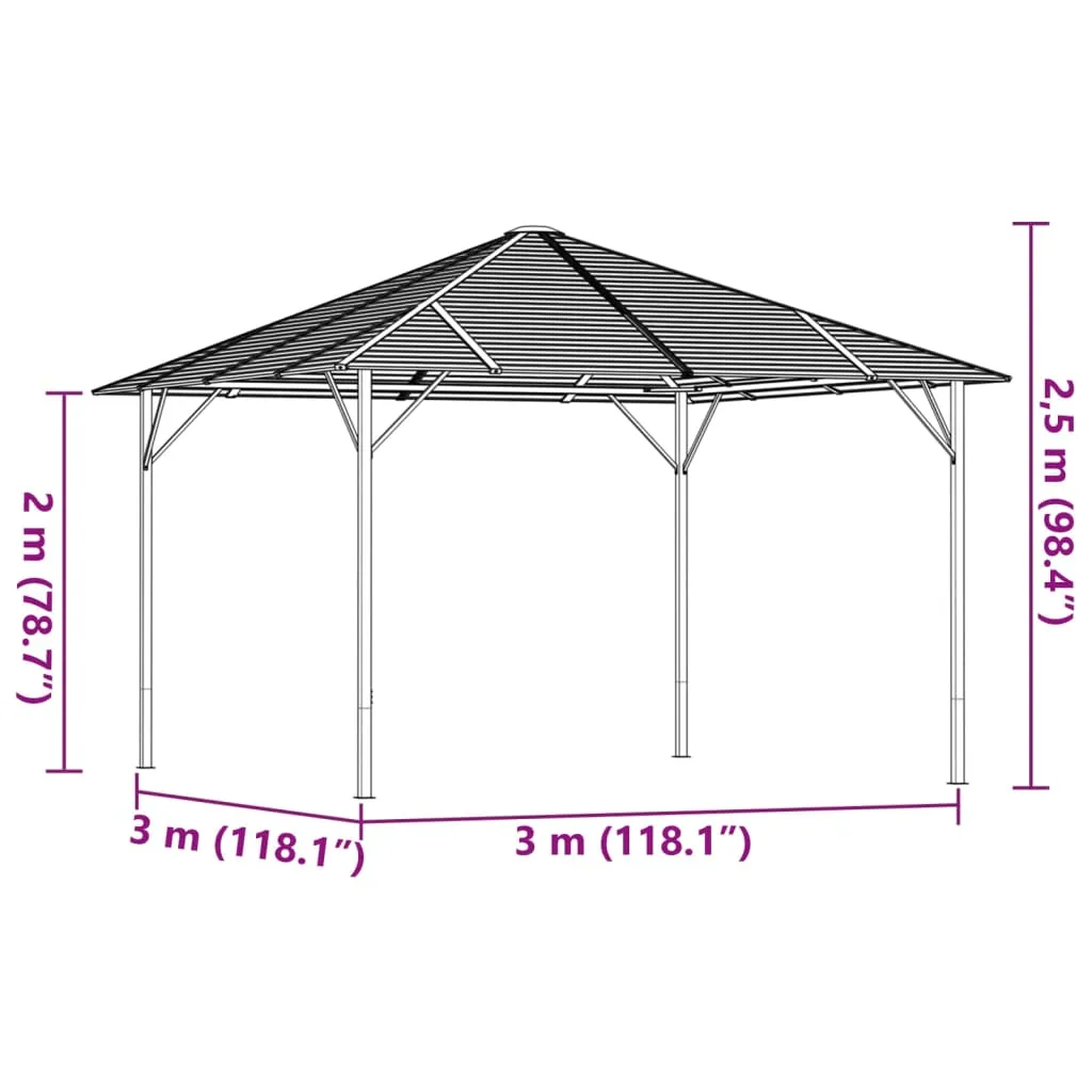 Gartenpavillon 3x3 m Anthrazit mit verzinktem Stahlrahmen und Polyesterdach