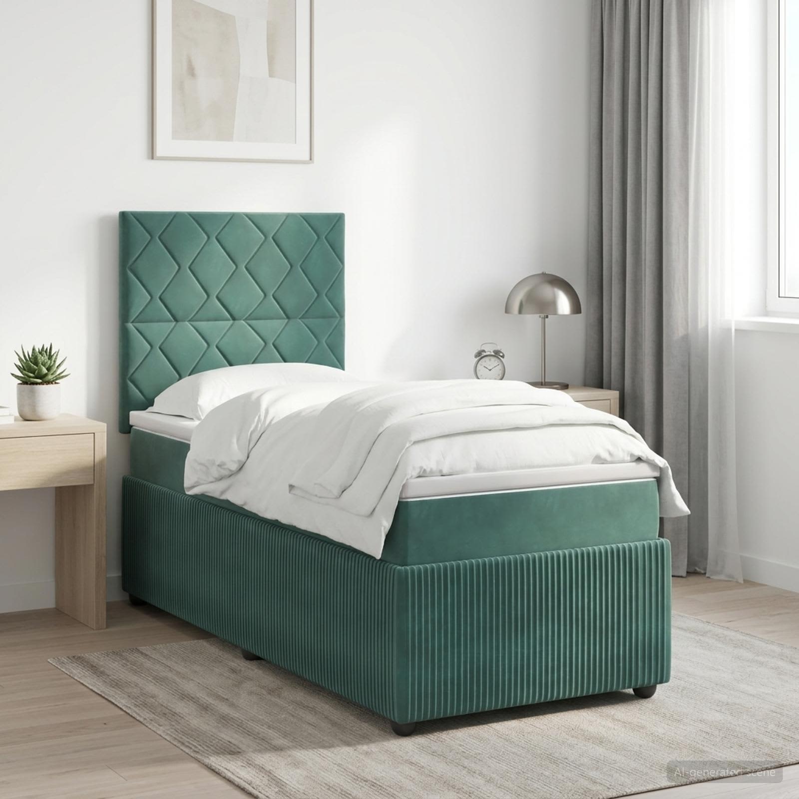 LED-Boxspringbett mit Matratze & Topper 90 x 190 cm Samt Dunkelgrün
