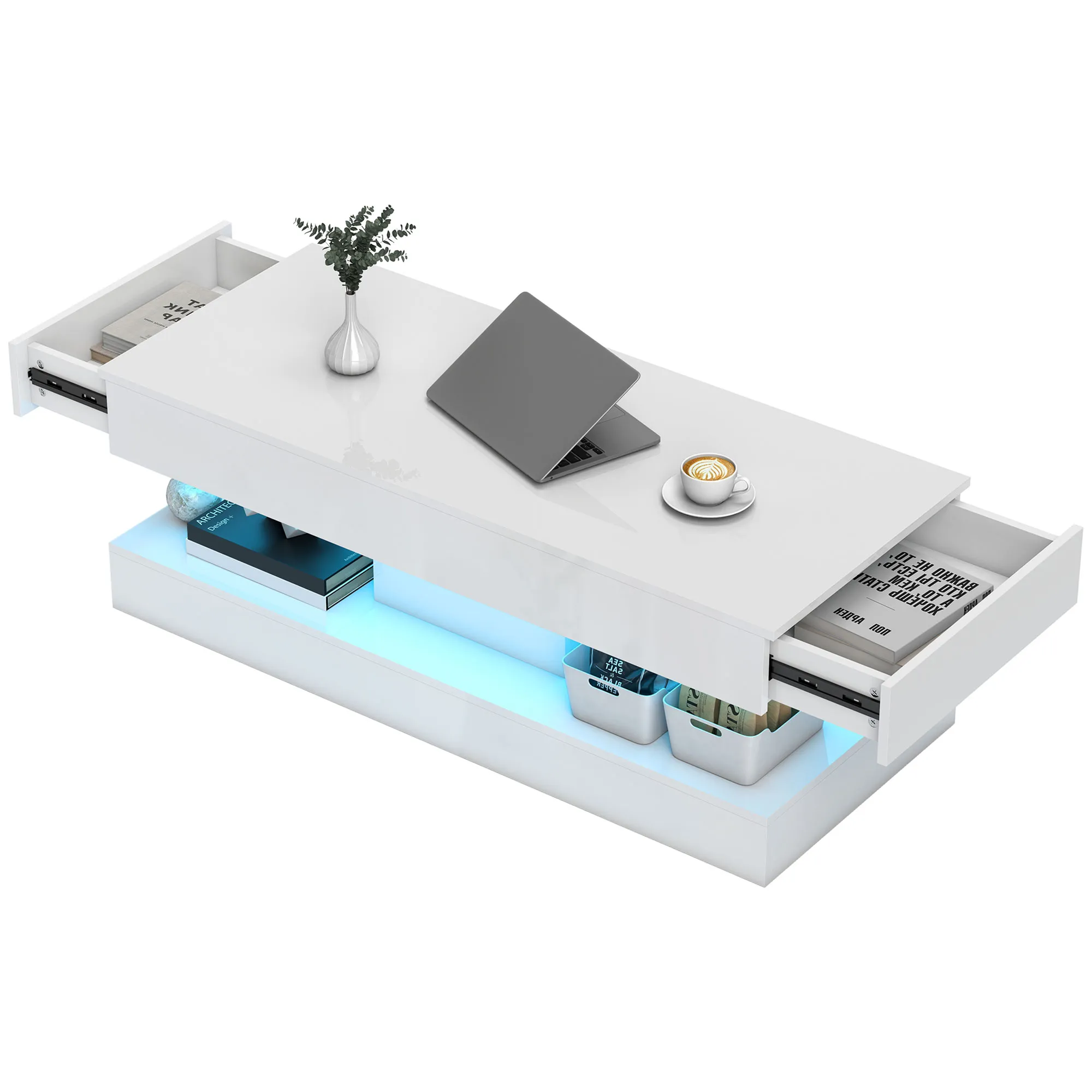 Couchtisch Weiß 120L x 50B x 42H cm mit LED und Schubladen