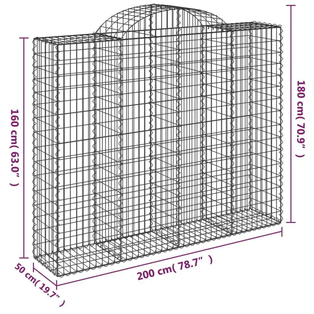 Gabionenwand Hochbogen 200x50x160/180 cm silbern verzinktes Eisen
