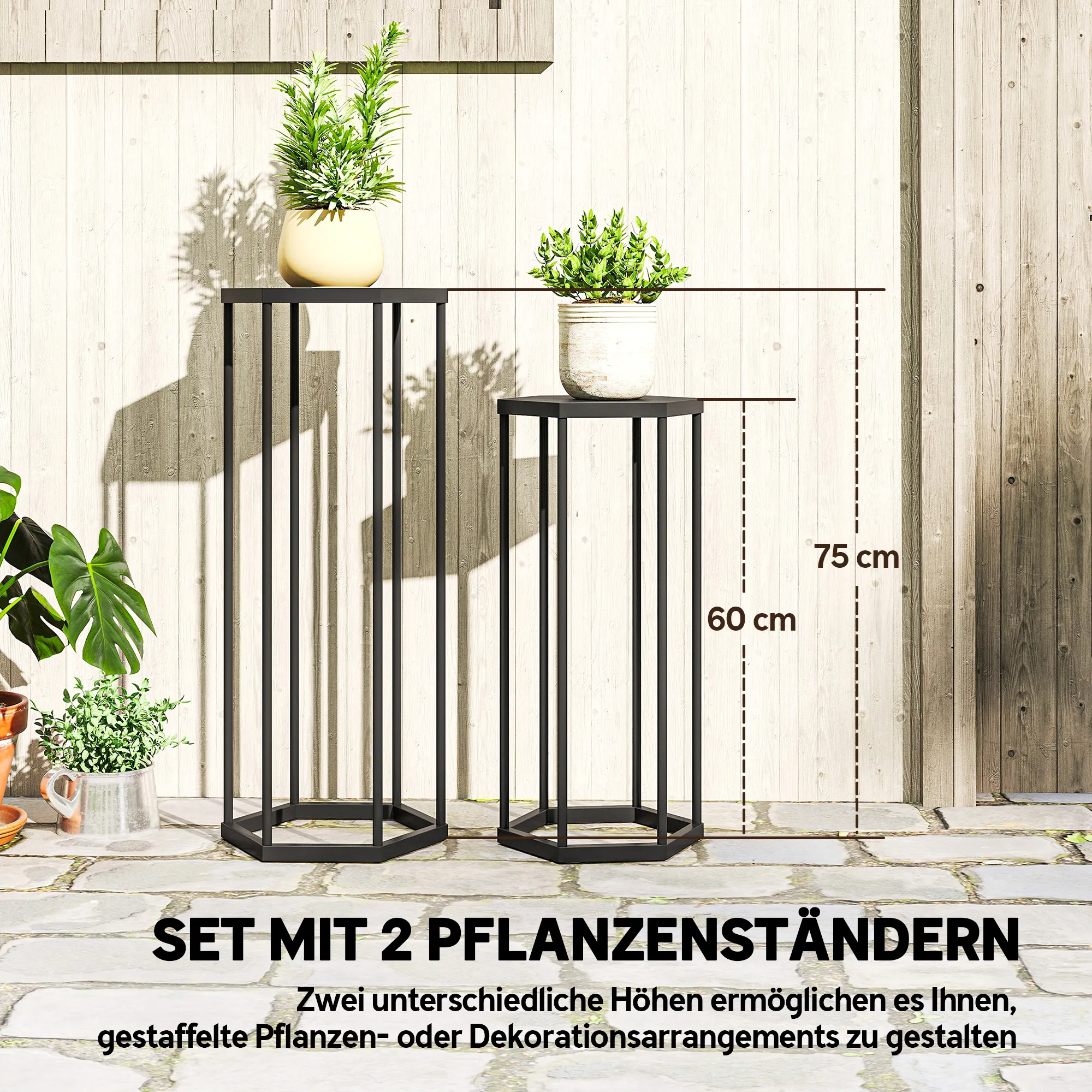 Pflanzenständer Set Schwarz 75x27x31 cm und 60x25x28 cm