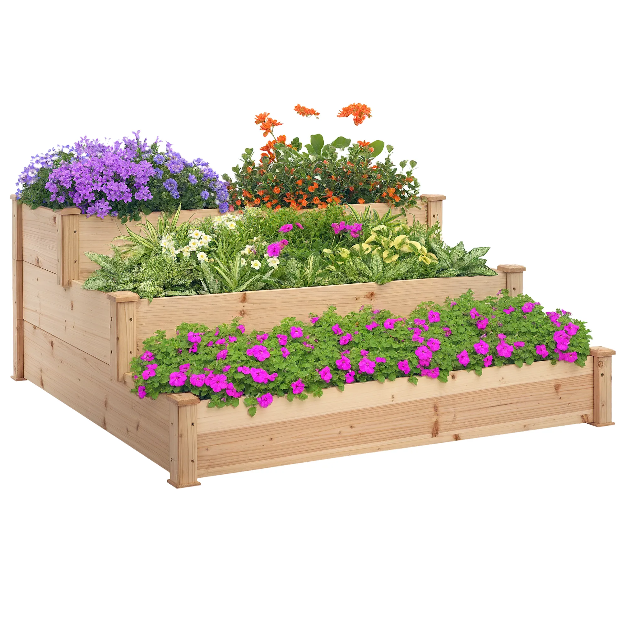 Hochbeet 3-stufige Gartenbeet Pflanzenbeet Kräuterbeet Blumentreppe für Balkon Garten Natur Tannenholz 120 x 120 x 56 cm