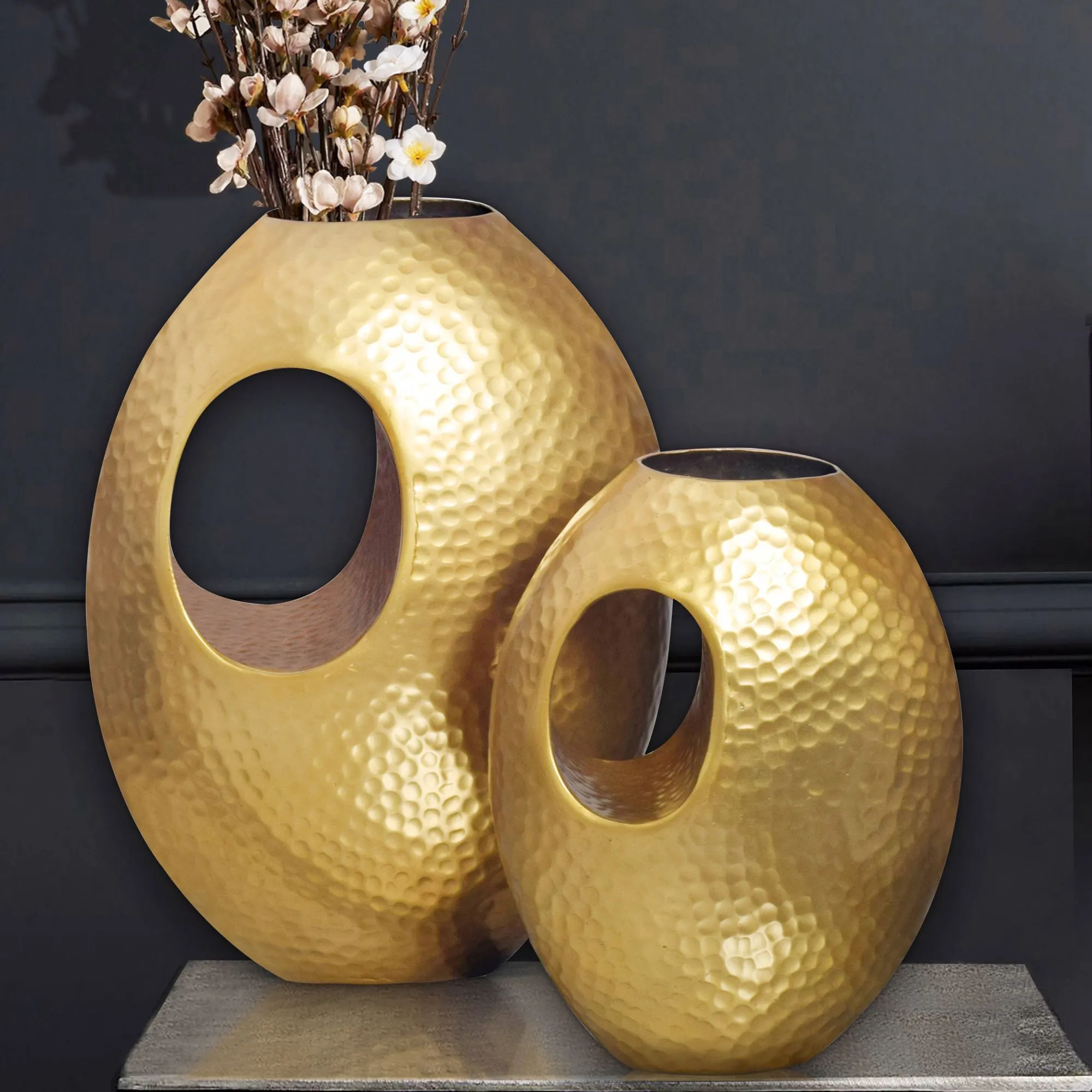Deko Vase 2er Set Aluminium Gold mit Tragegriff Blumenvase Modern