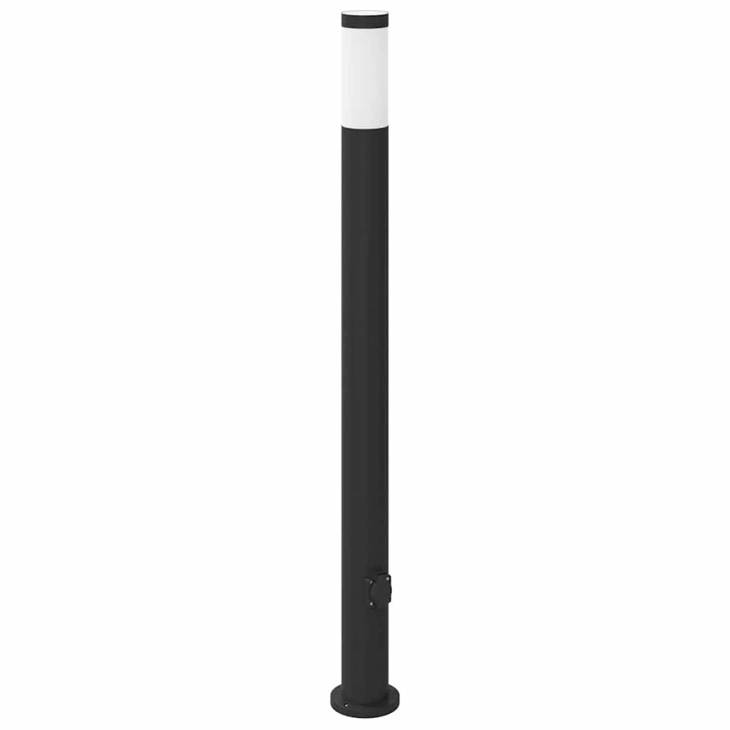 Schwarze Edelstahl Pollerleuchte 11x110 cm mit integrierter Steckdose
