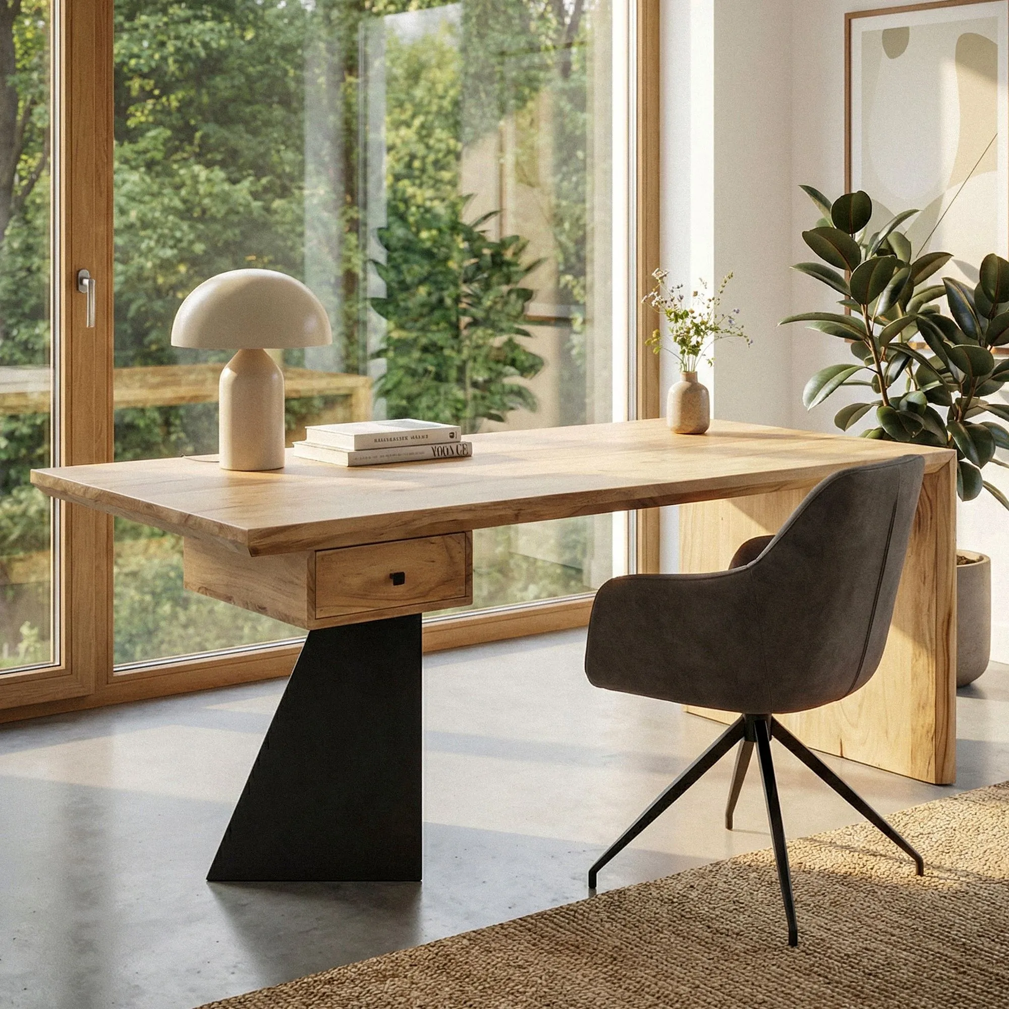 Schreibtisch aus Massivholz Akazie 180 x 90 cm rechteckig mit Schublade - Moderner massiver Bürotisch mit Metall - Natur Holztisch Industrial Design