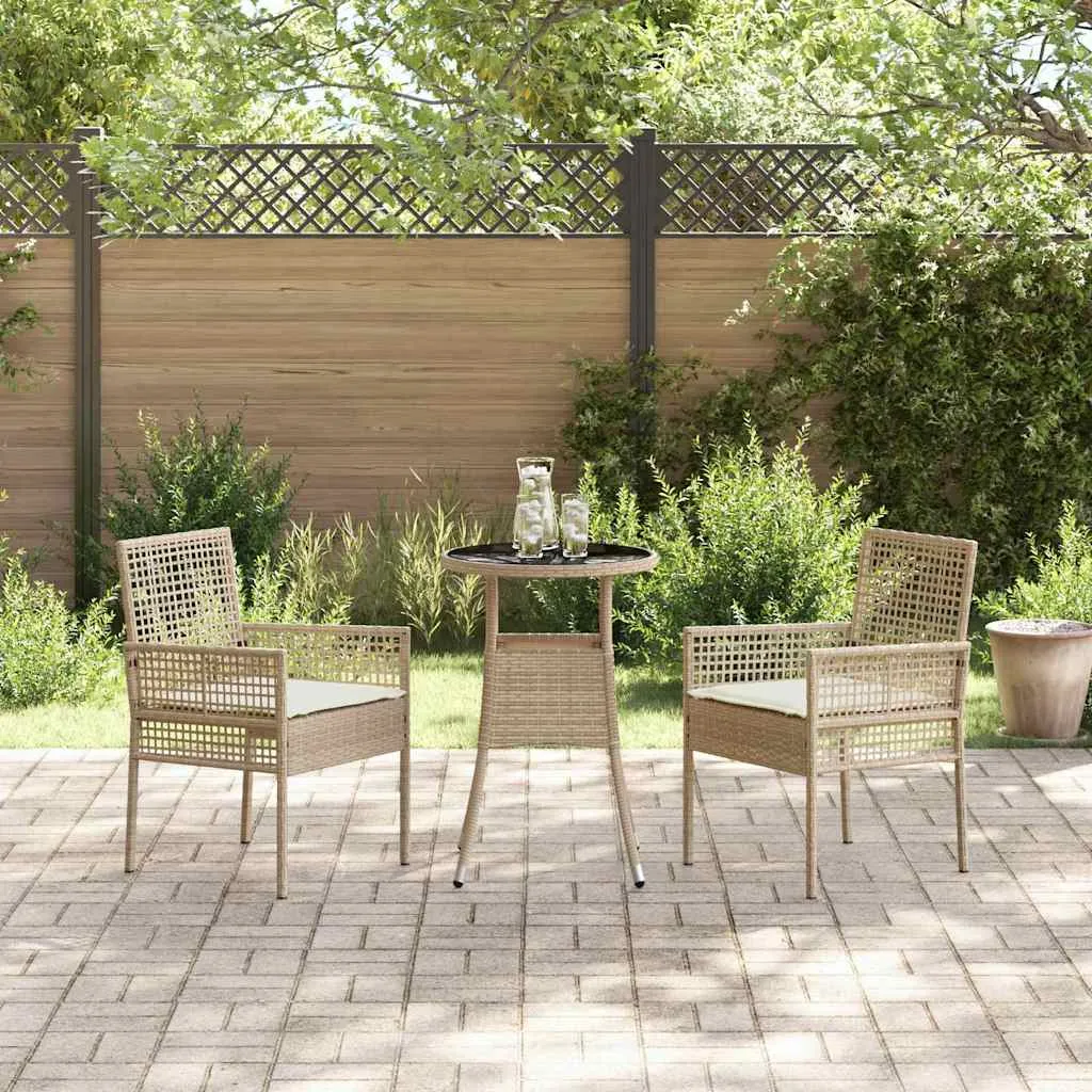Garten-Esszimmer-Set Poly-Rattan Beige mit 1 Tisch, 2 Stühlen, 2 Kissen