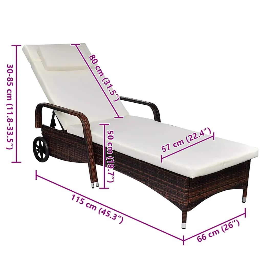 Sonnenliege Braun 198x66x(30-98) cm mit Cremeweißem Kissen