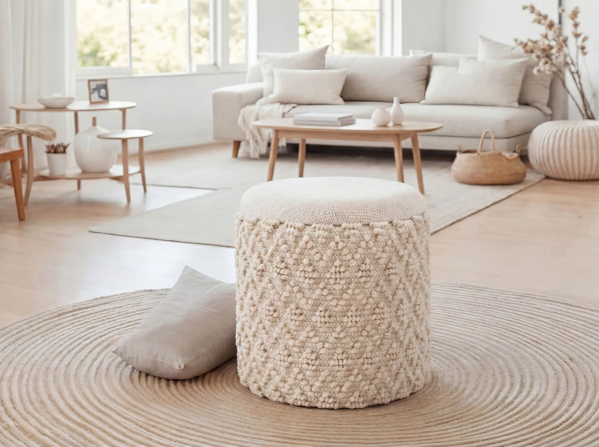 Sitzhocker mit Stauraum aus Wolle 40cm Creme Stoff Rund - Design Boho Stoffhocker mit abnehmbarem Deckel - Polsterhocker Schminktisch Hocker - Beistellhocker für Wohnzimmer Handmade
