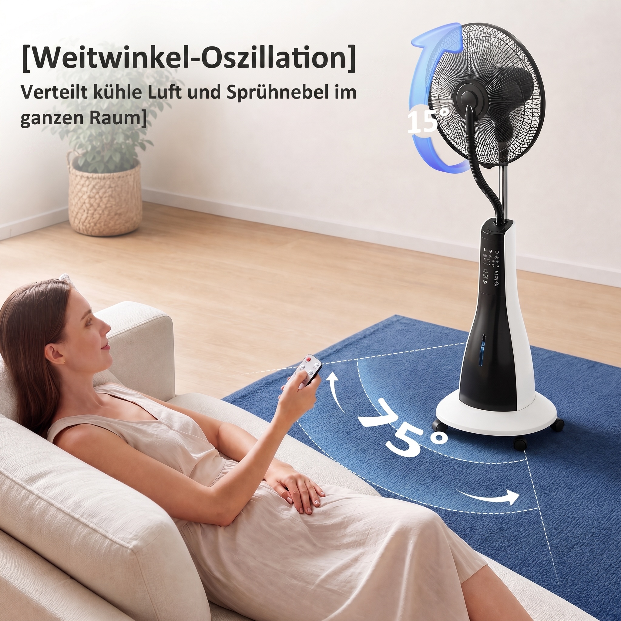 Ventilator mit Sprühnebel 50L x 40B x 125H cm Weiß+Schwarz
