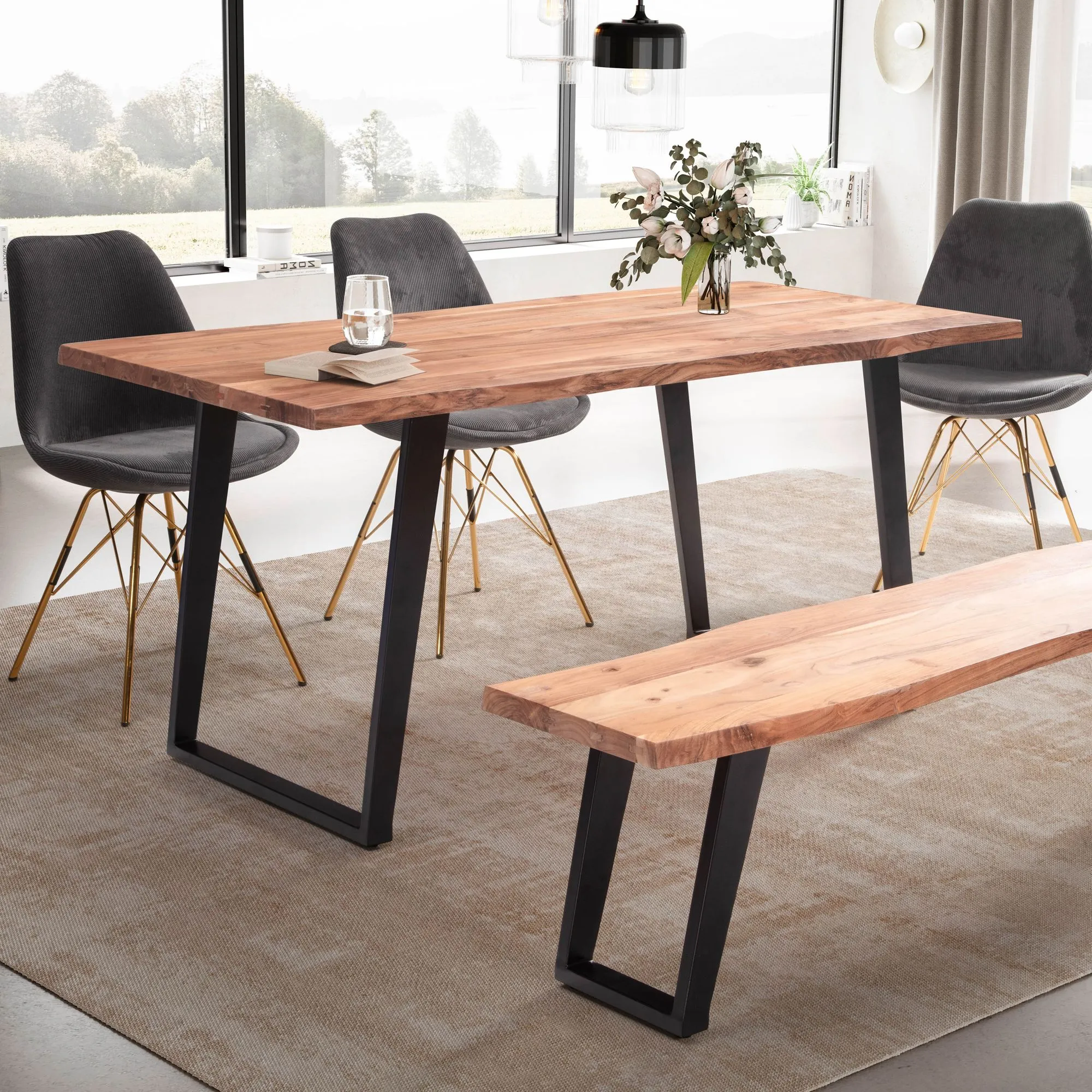 Esszimmertisch 200x100x76 cm Akazie Massivholz / Metall Esstisch Baumkante