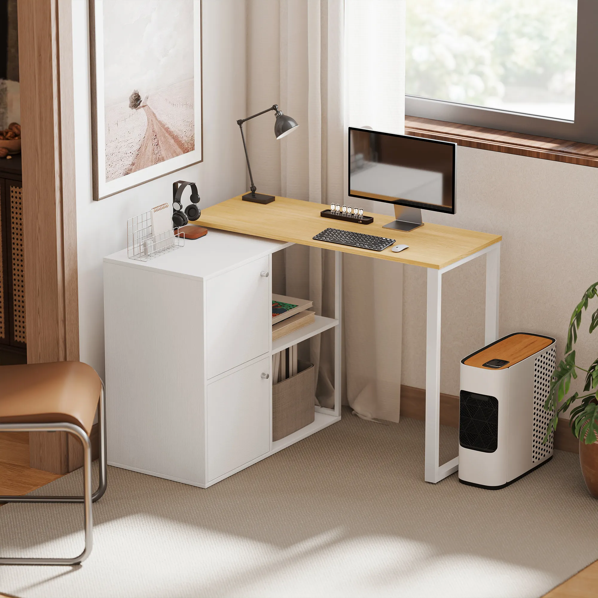 Schreibtisch L-förmig, 360° drehbarer Eckschreibtisch mit 2 Lagerschränken, 2 offenen Regalen, Computertisch für kleine Räume, Arbeitszimmer, Wohnzimmer, 150x40x75 cm, Weiß