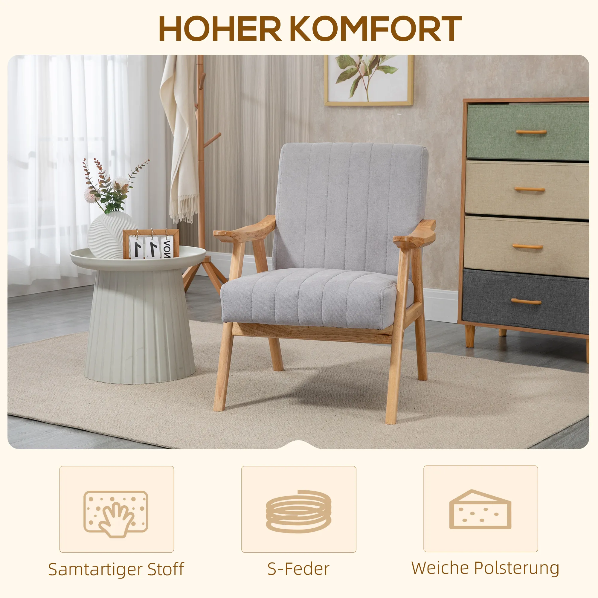Sessel im Skandi-Design, bis 120 kg, Samtoptik, Massivholz  68 cm x 74 cm x 82 cm, Natur + Grau