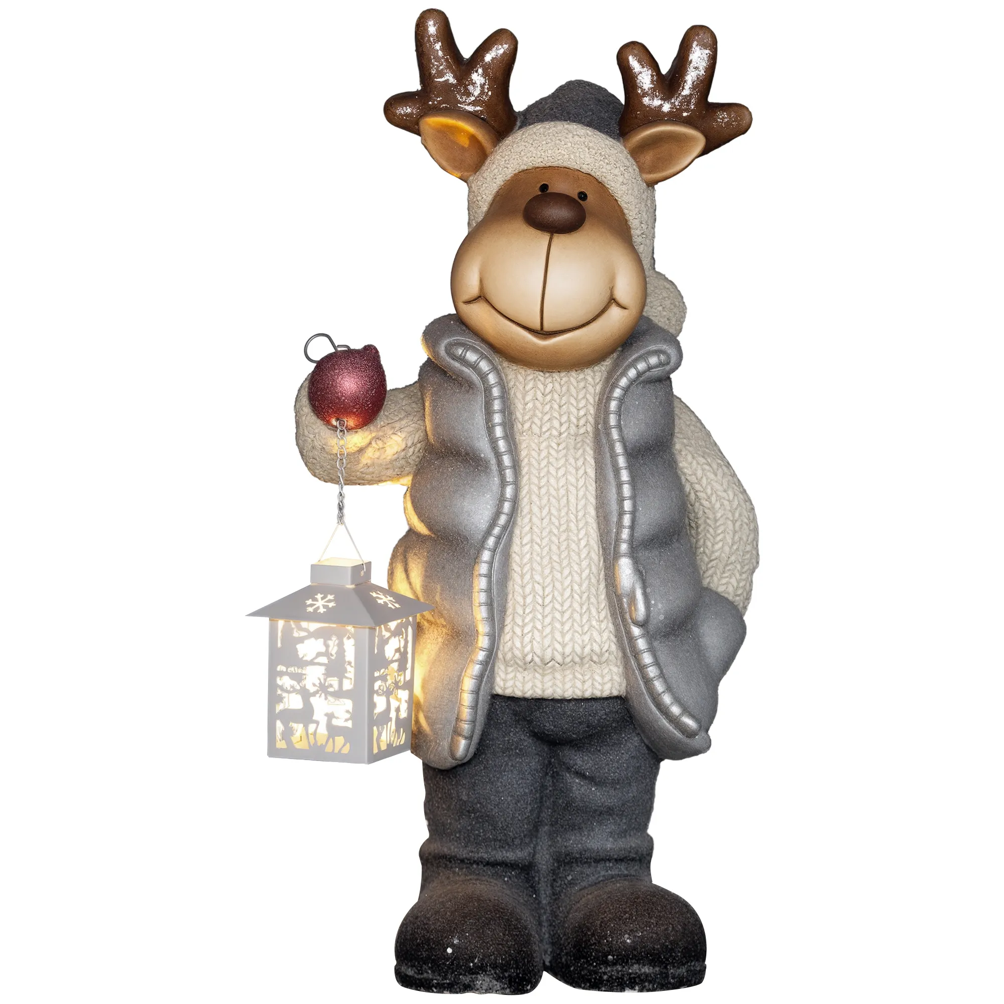 Weihnachtsdeko, Rentier mit Laterne, LED, batteriebetrieben, 25,5 x 19,5 x 52 cm