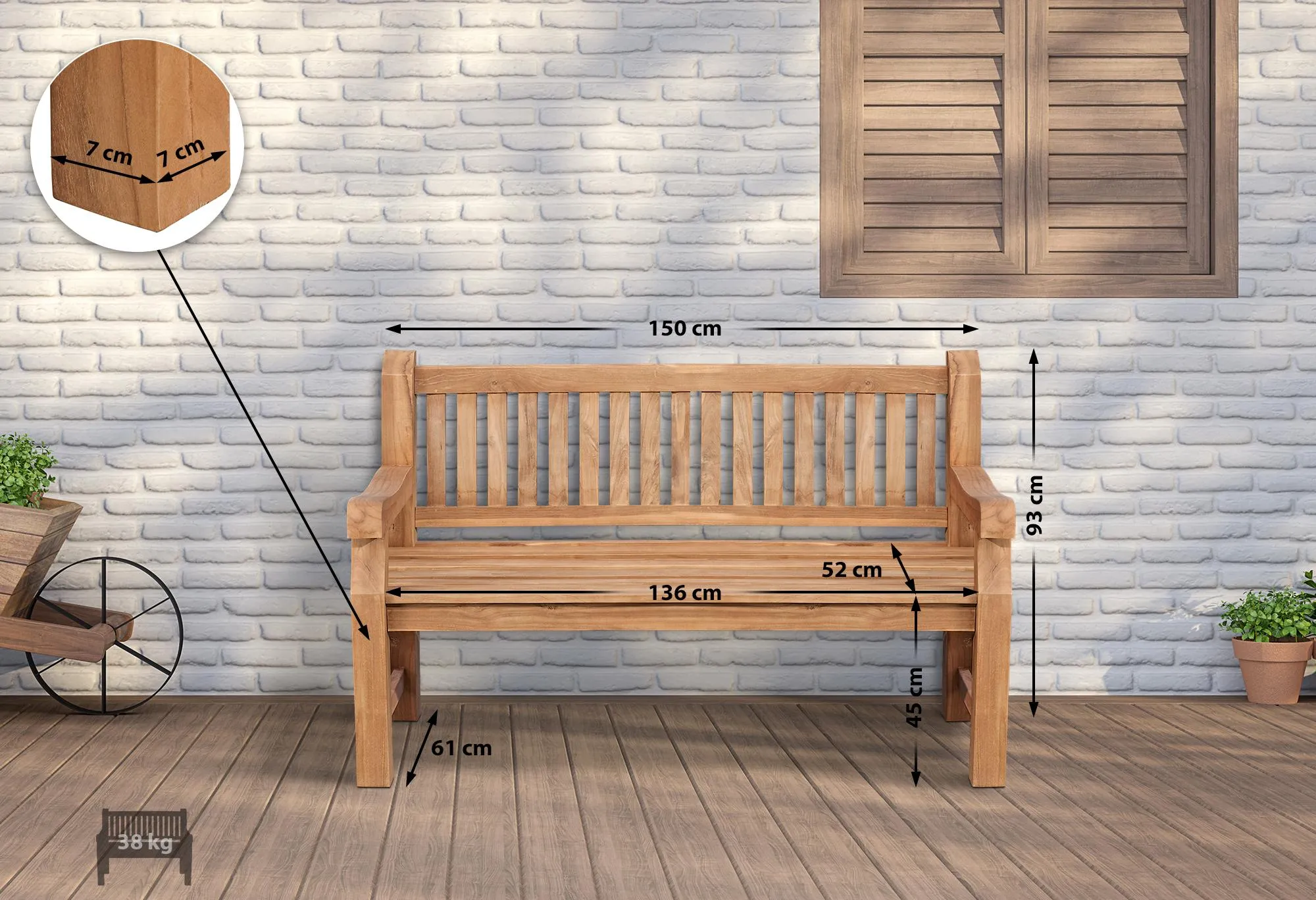 Gartenbank Jackson V2 150x61x93 Naturholz Teak
